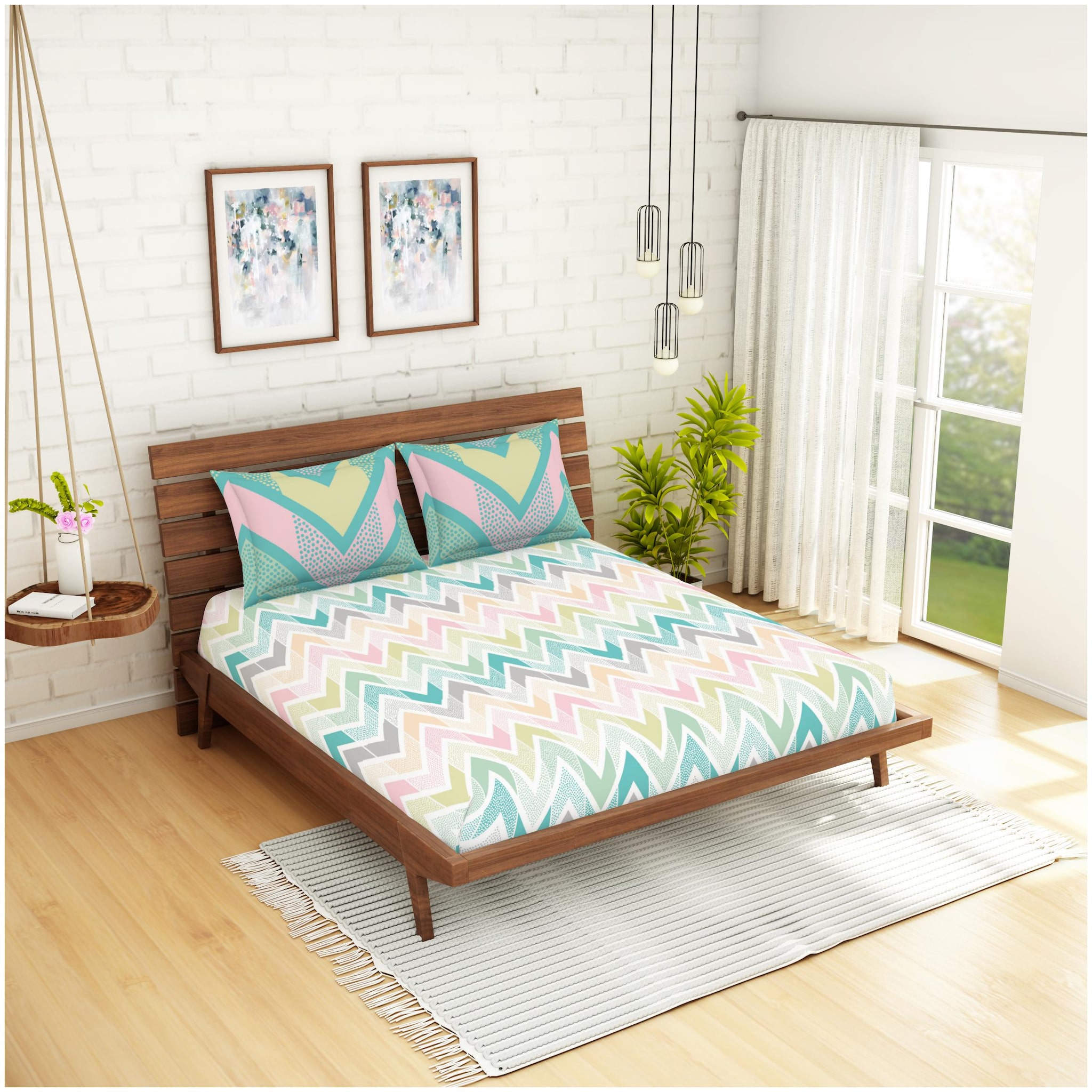

Spaces Cotton Geometric Double Size Bedsheet 144 TC ( 1 Bedsheet With 2 Pillow Covers Green )