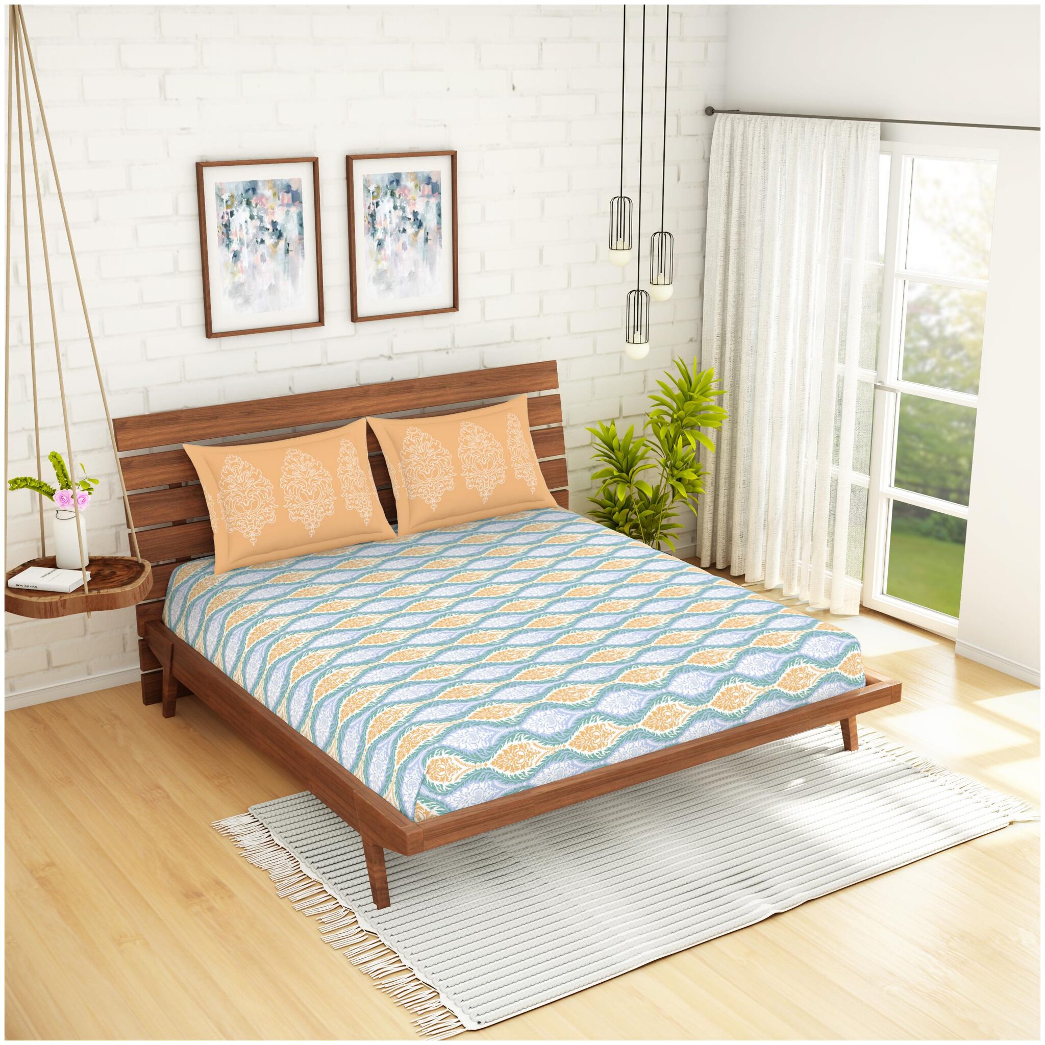 

Spaces Cotton Abstract King Size Bedsheet 210 TC ( 1 Bedsheet With 2 Pillow Covers Blue )