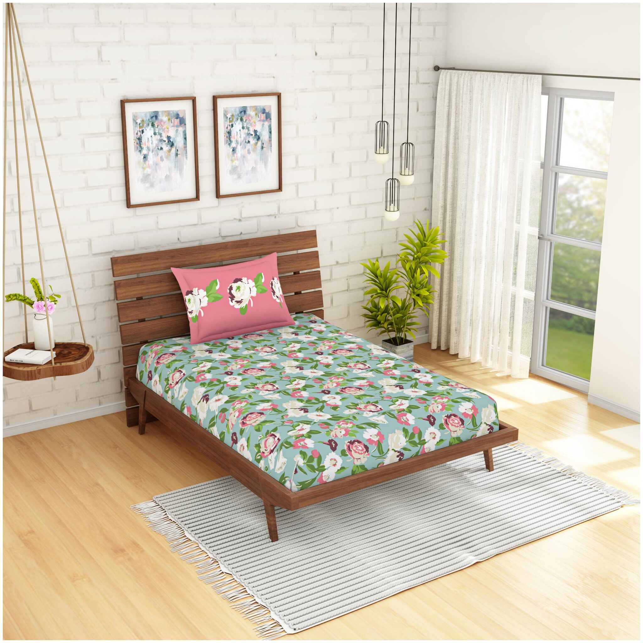 

Spaces Cotton Floral Single Size Bedsheet 210 TC ( 1 Bedsheet With 1 Pillow Covers Blue )