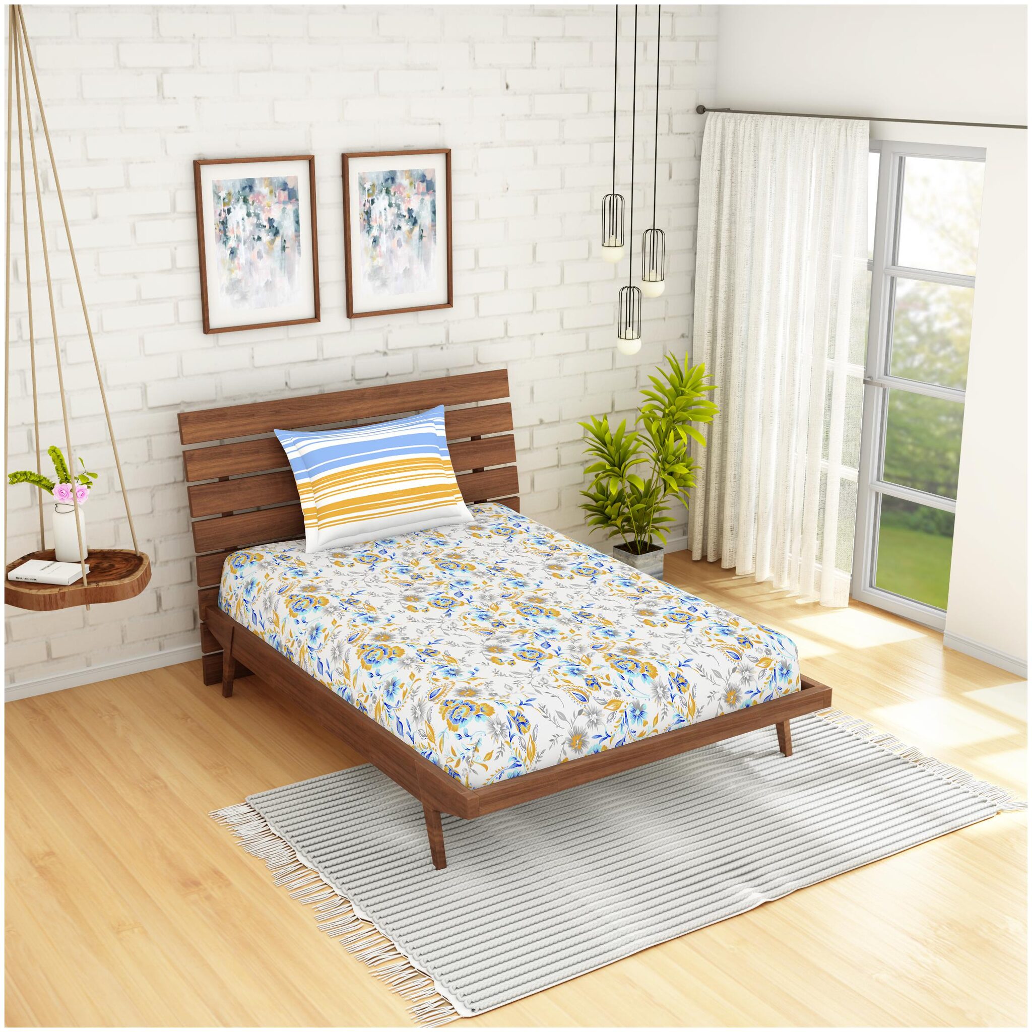 

Spaces Cotton Floral Single Size Bedsheet 144 TC ( 1 Bedsheet With 1 Pillow Covers Blue )