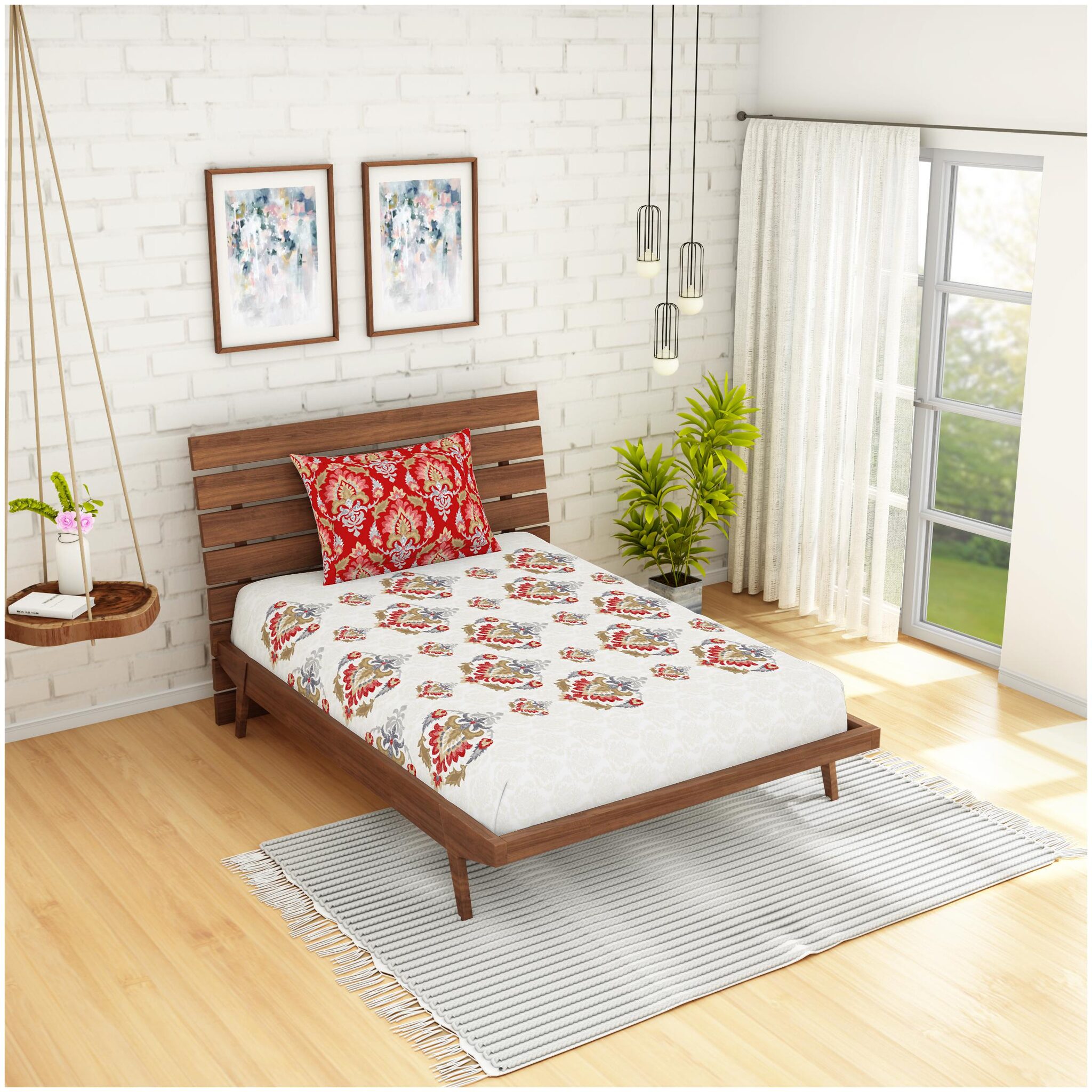 

Spaces Cotton Abstract Single Size Bedsheet 144 TC ( 1 Bedsheet With 1 Pillow Covers Red )
