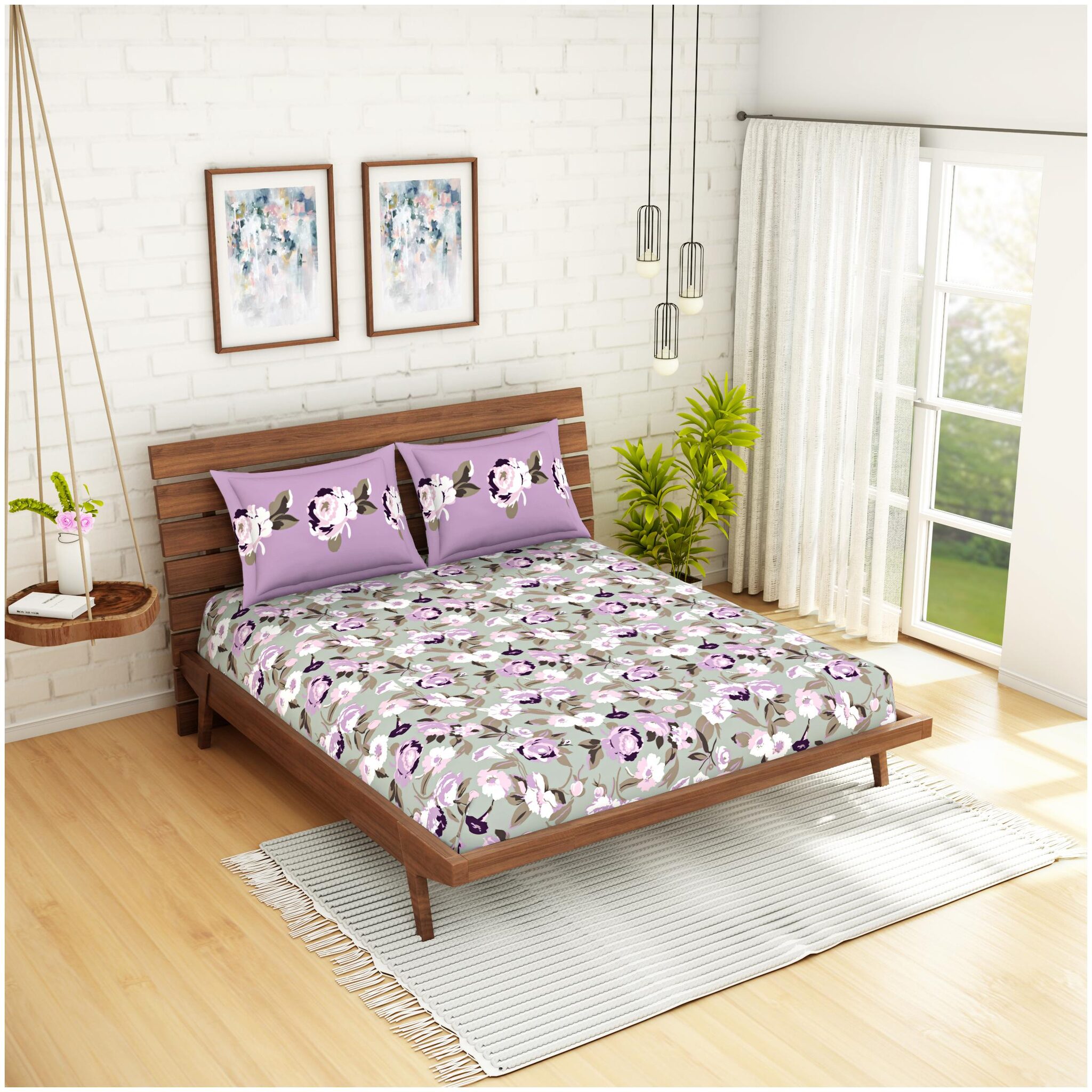 

Spaces Cotton Floral Double Size Bedsheet 210 TC ( 1 Bedsheet With 2 Pillow Covers Grey )