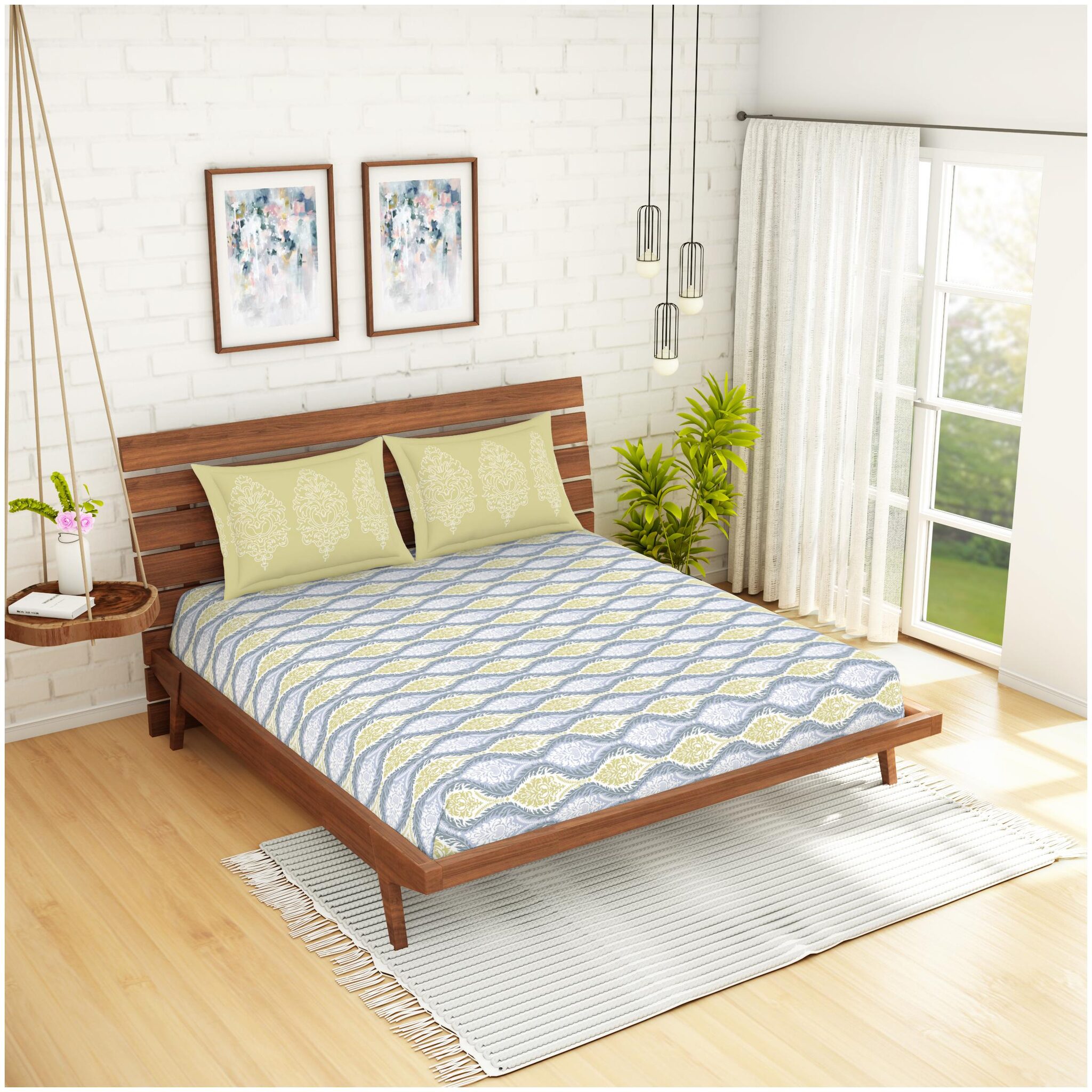 

Spaces Cotton Abstract King Size Bedsheet 210 TC ( 1 Bedsheet With 2 Pillow Covers Grey )