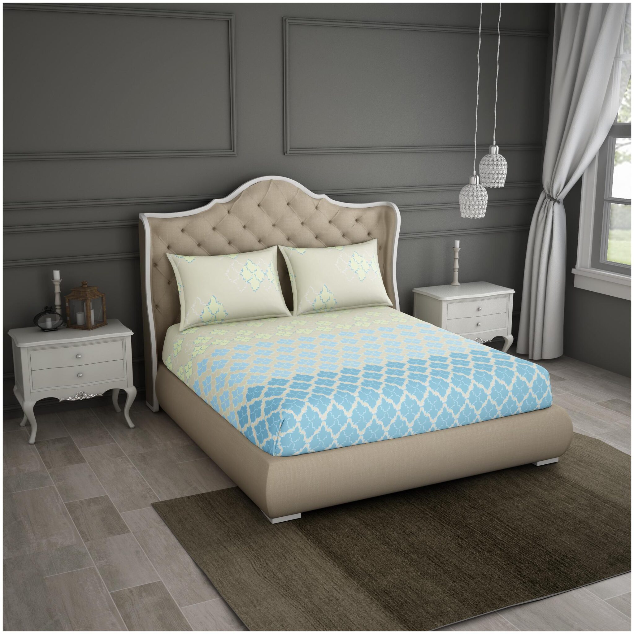 

Spaces Cotton Abstract King Size Bedsheet 180 TC ( 1 Bedsheet With 2 Pillow Covers Blue White )