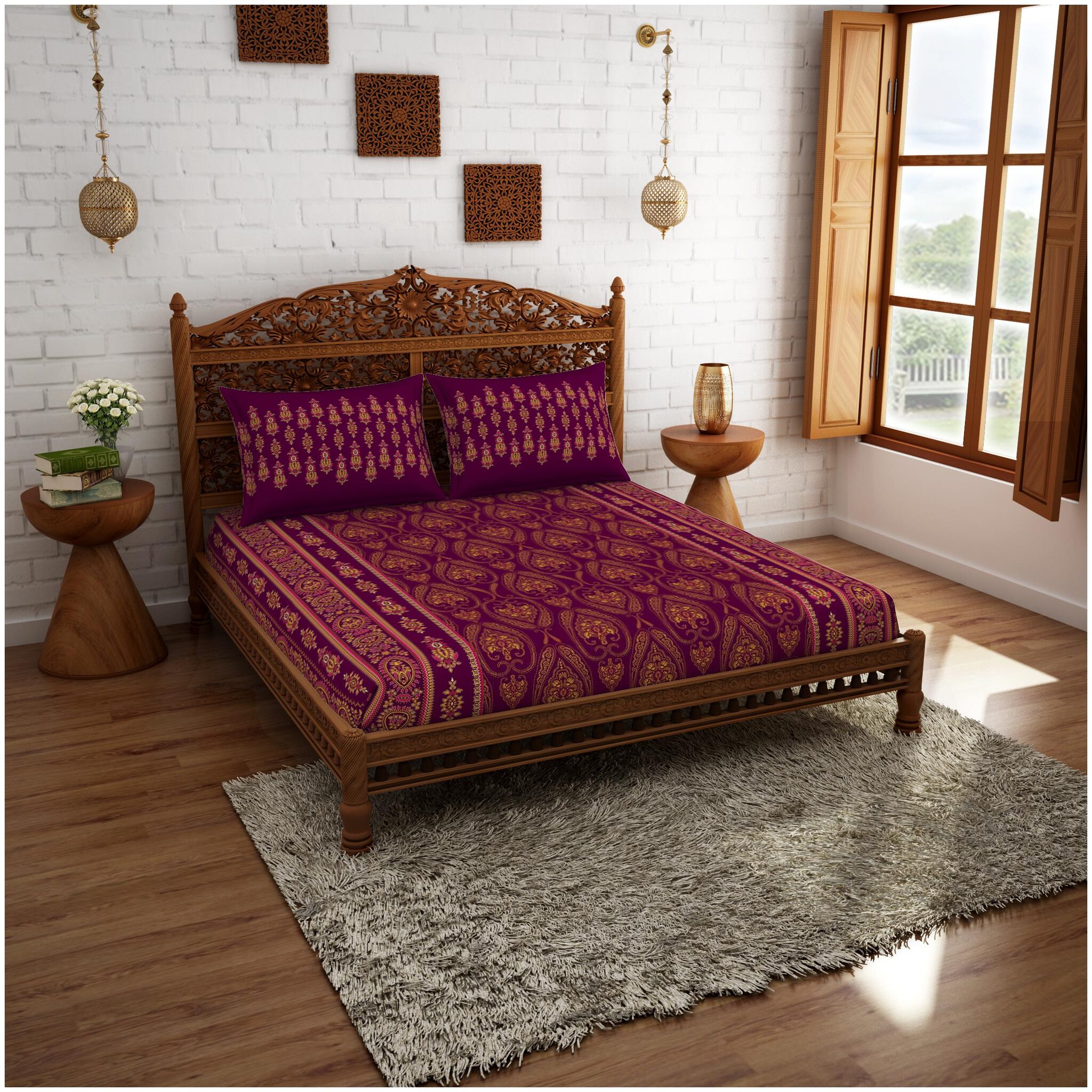 

Spaces Cotton Abstract Double Size Bedsheet 210 TC ( 1 Bedsheet With 2 Pillow Covers Purple )