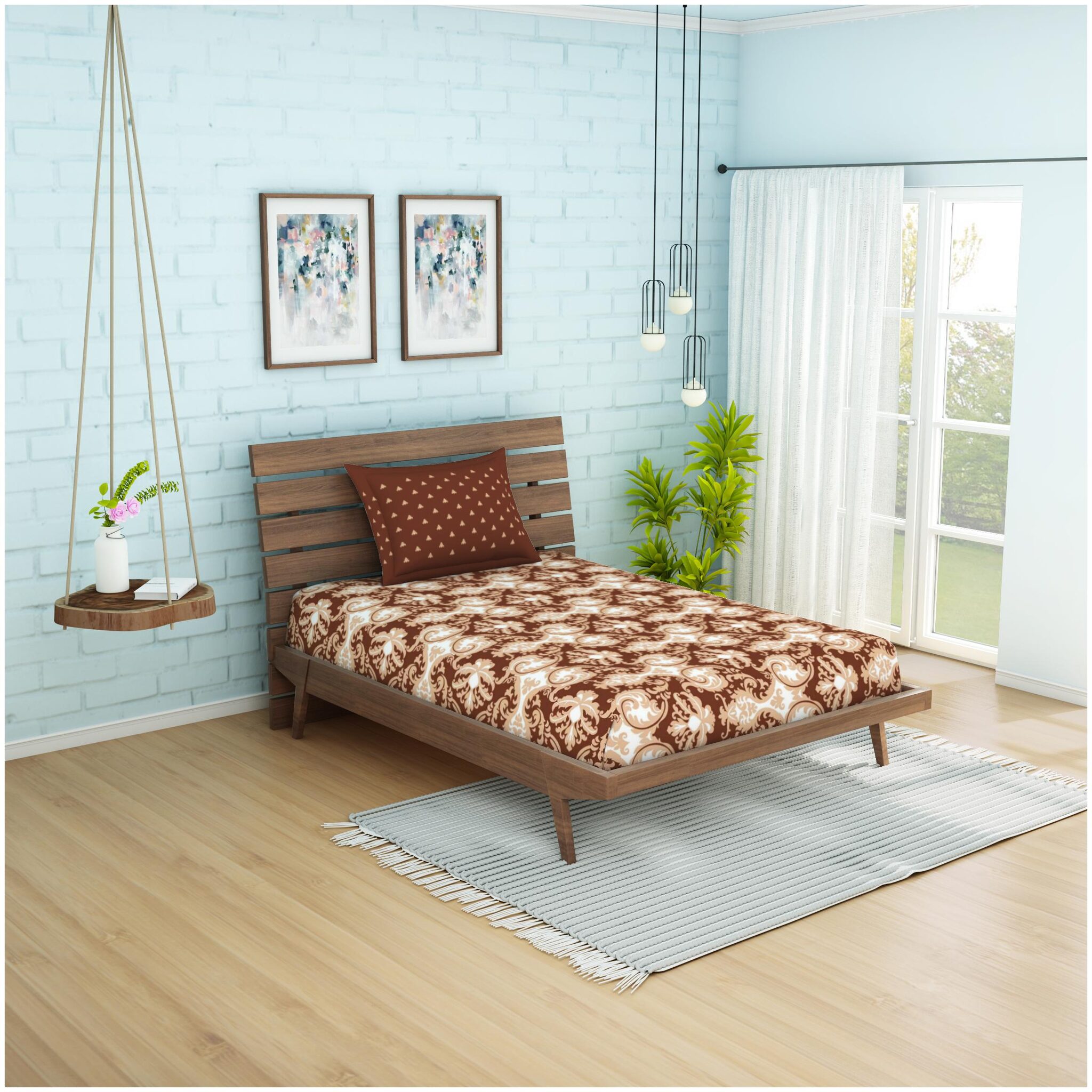 

Spaces Cotton Printed Single Size Bedsheet 144 TC ( 1 Bedsheet With 1 Pillow Covers Brown )
