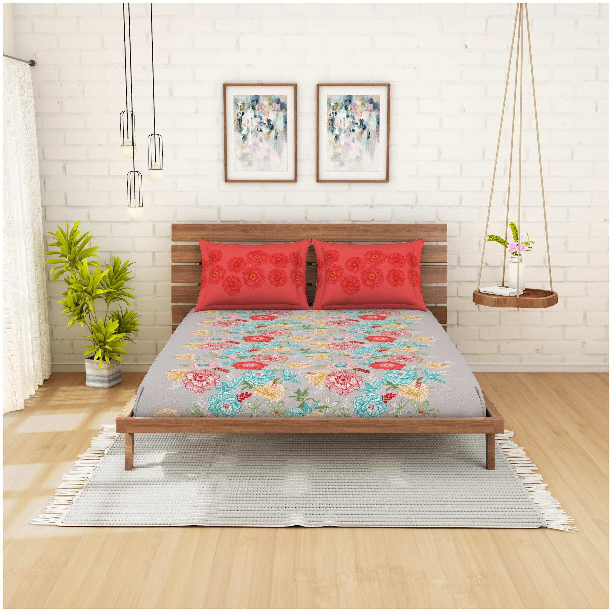 

Spaces Cotton Floral Double Size Bedsheet 210 TC ( 1 Bedsheet With 2 Pillow Covers Red Grey )