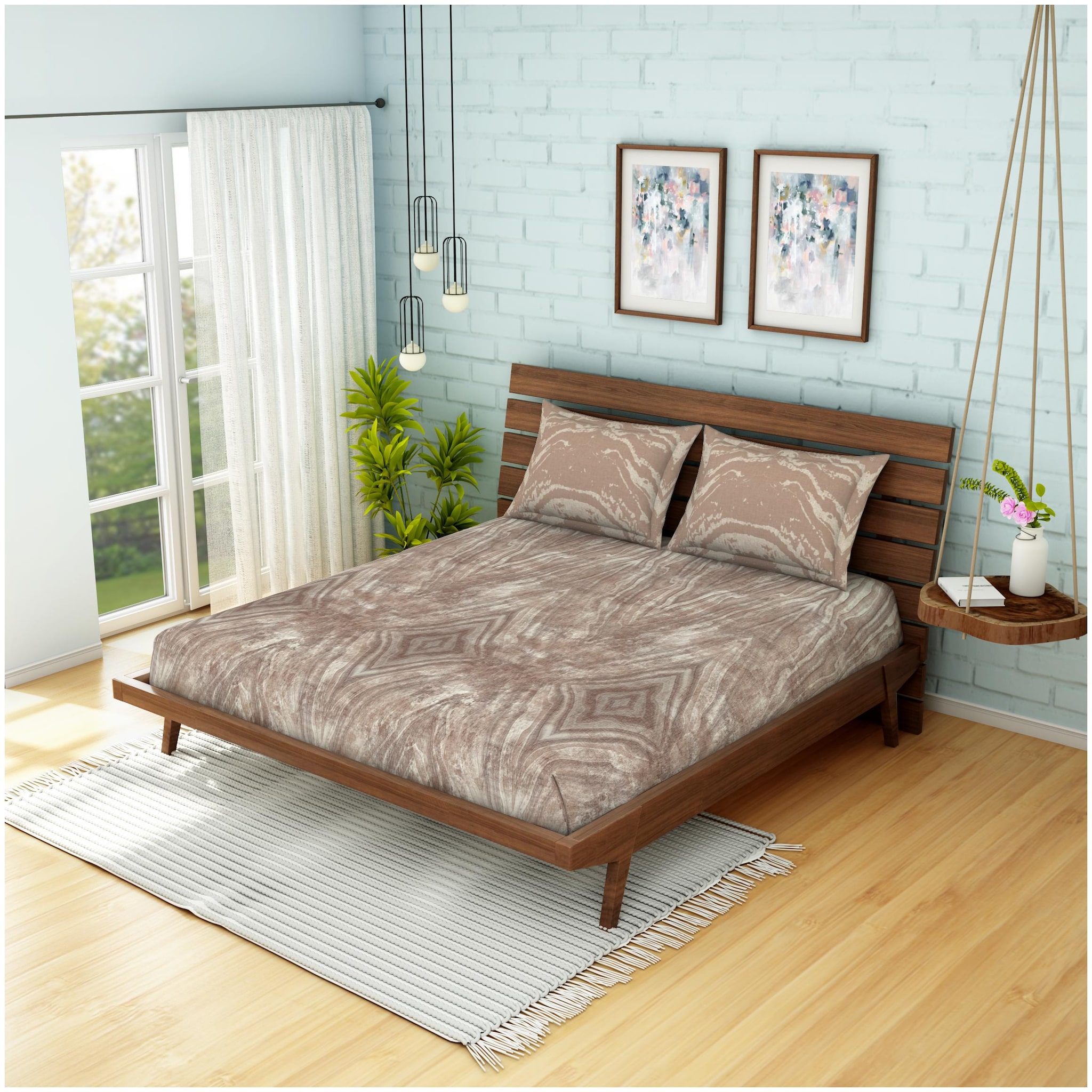 

Spaces Cotton Abstract King Size Bedsheet 210 TC ( 1 Bedsheet With 2 Pillow Covers Brown )
