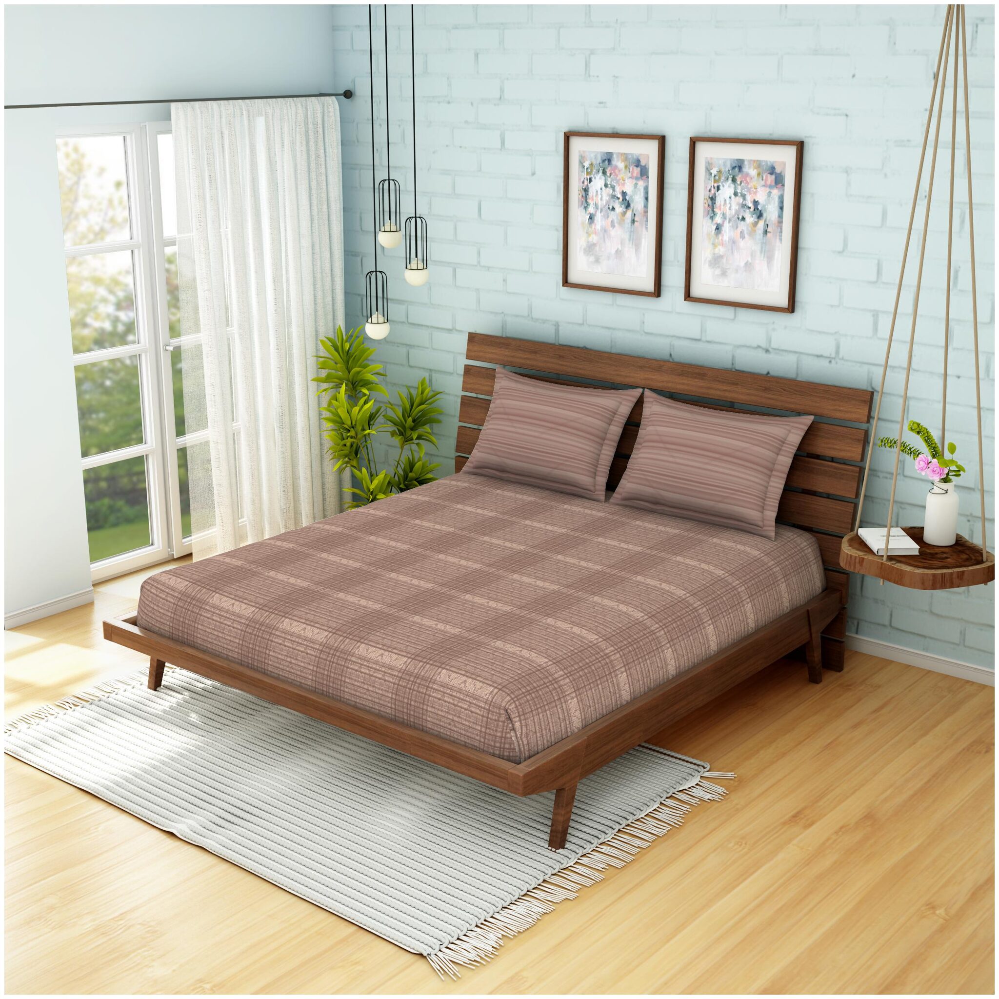 

Spaces Cotton Checkered King Size Bedsheet 210 TC ( 1 Bedsheet With 2 Pillow Covers Brown )