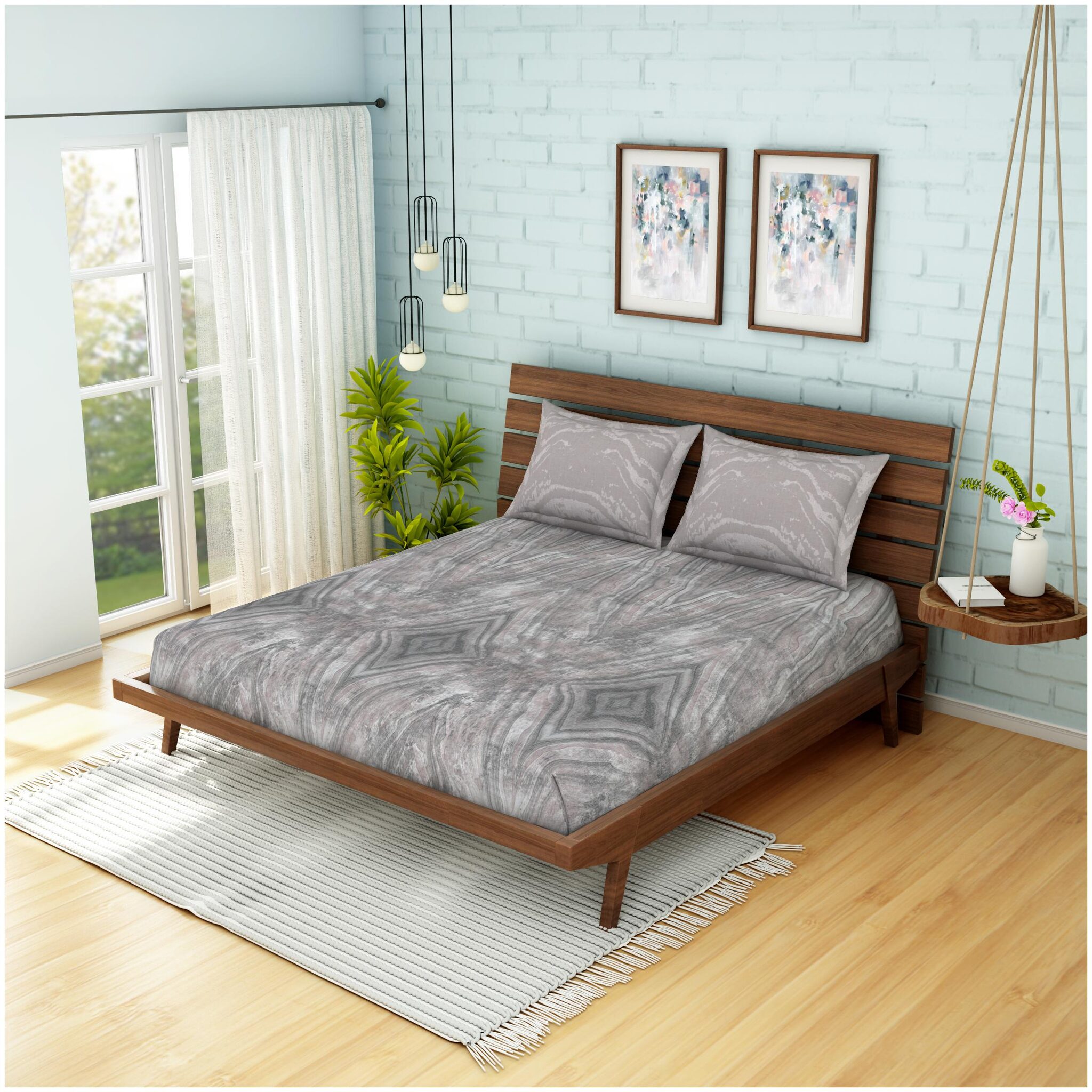 

Spaces Cotton Abstract King Size Bedsheet 144 TC ( 1 Bedsheet With 2 Pillow Covers Grey )