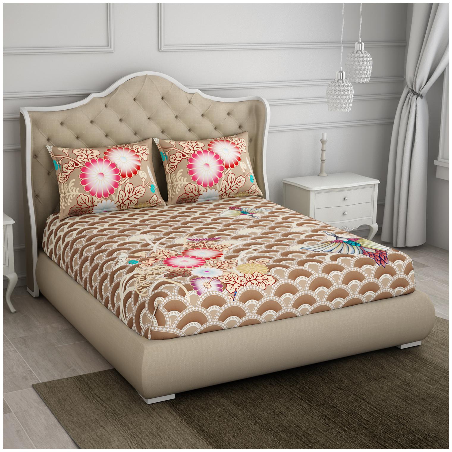 

Spaces Cotton Floral King Size Bedsheet 210 TC ( 1 Bedsheet With 2 Pillow Covers Brown )