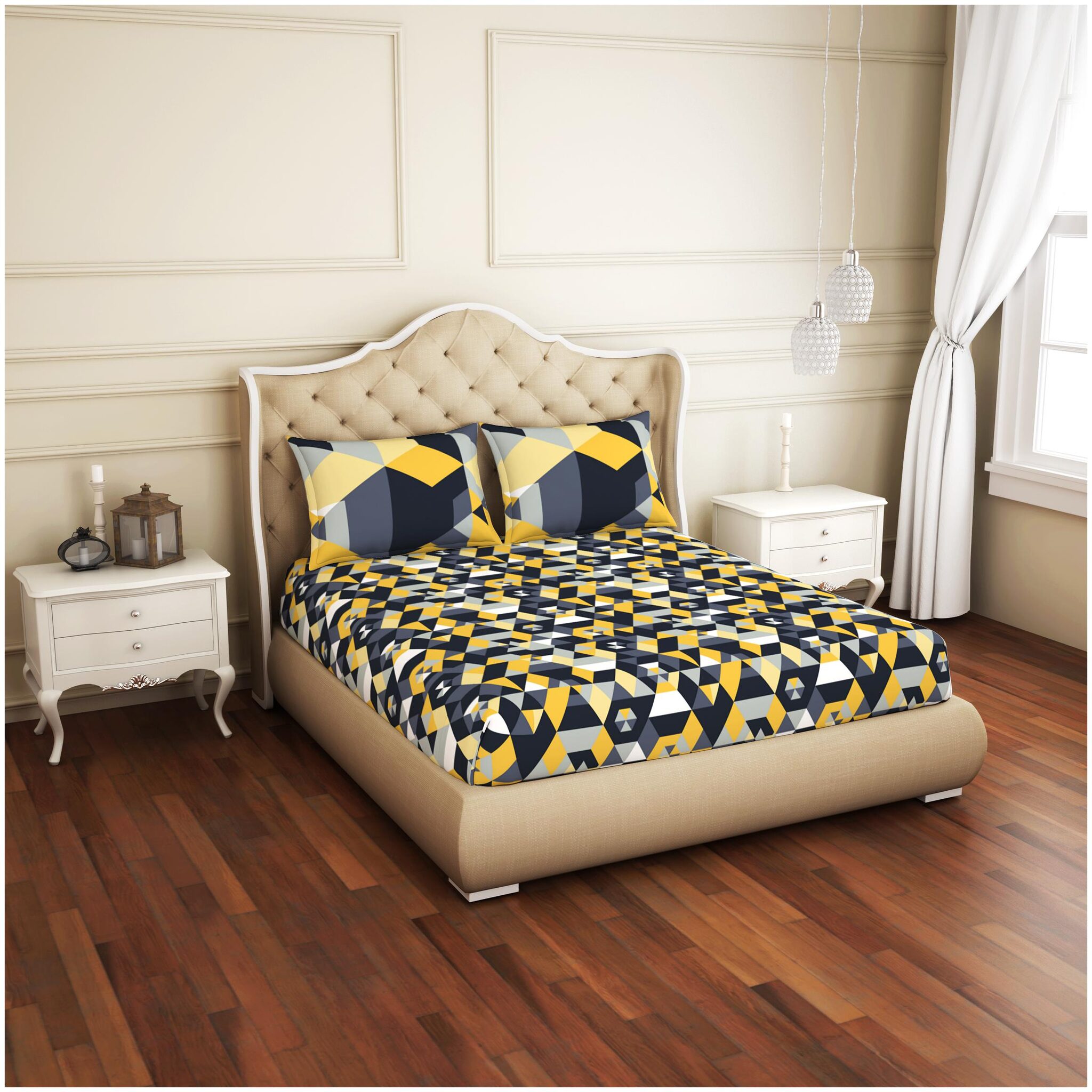 

Spaces Cotton Geometric Queen Size Bedsheet 144 TC ( 1 Bedsheet With 2 Pillow Covers Black )