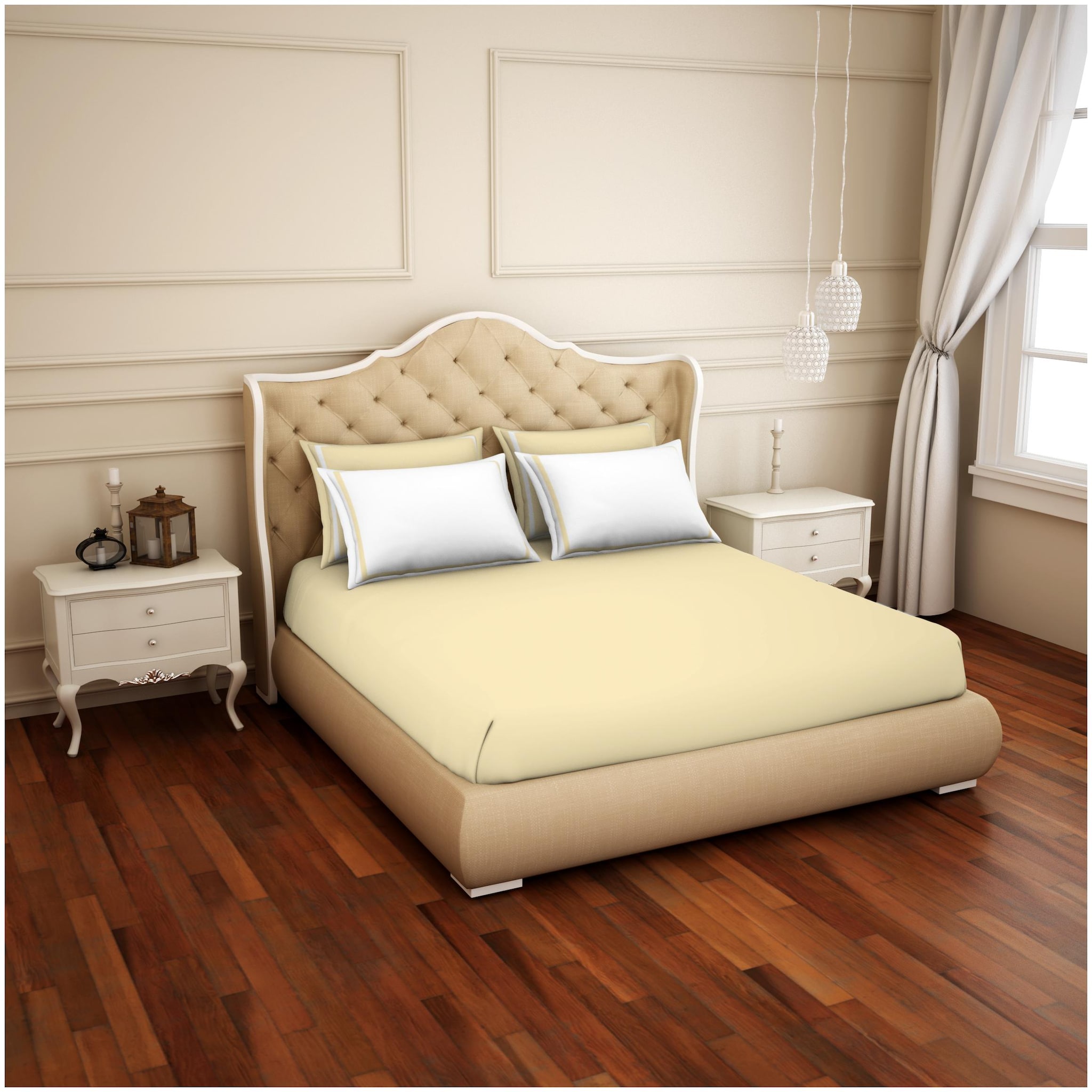 

Spaces Cotton Solid King Size Bedsheet 300 TC ( 1 Bedsheet With 4 Pillow Covers White Beige )