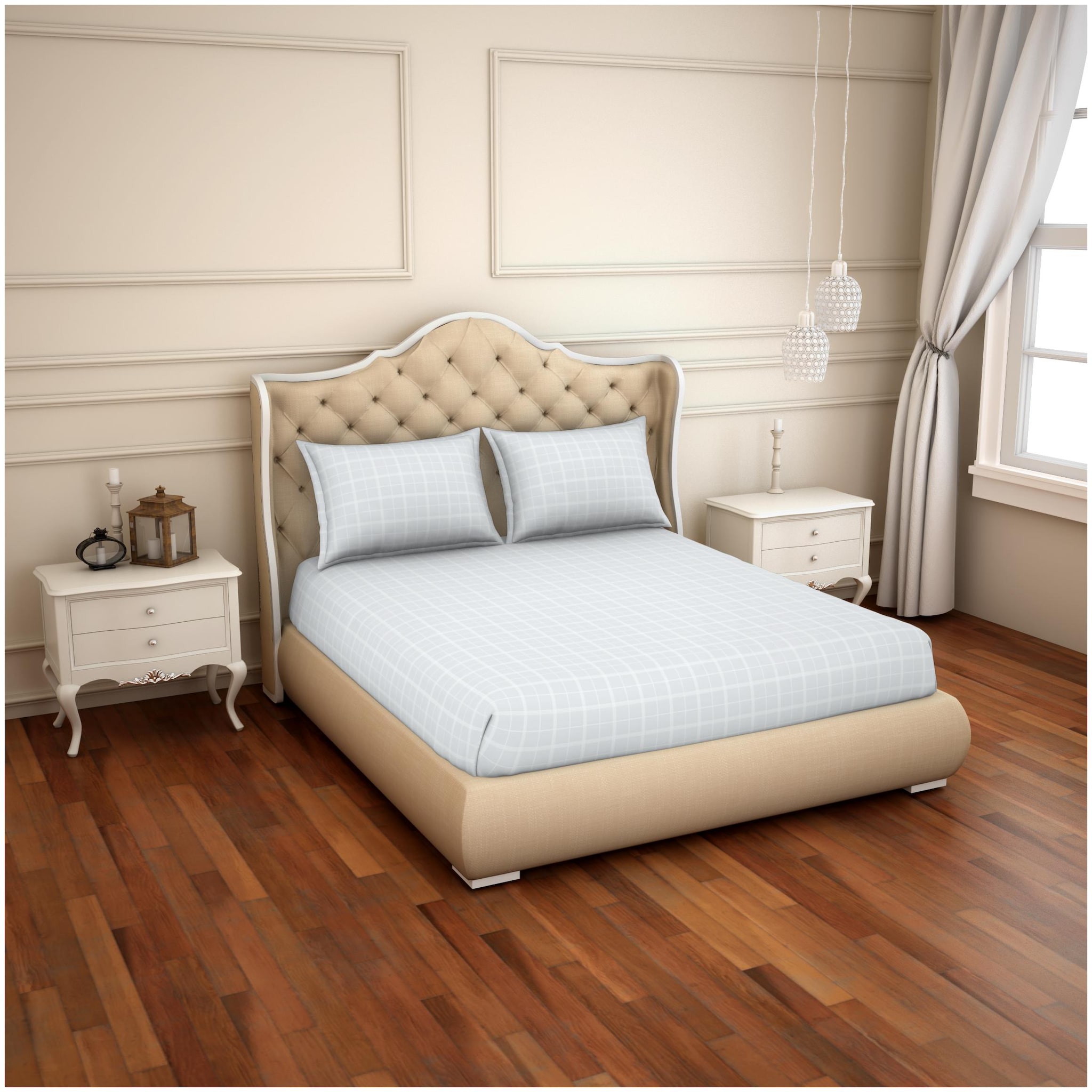 

Spaces Cotton Checkered King Size Bedsheet 500 TC ( 1 Bedsheet With 2 Pillow Covers Grey )