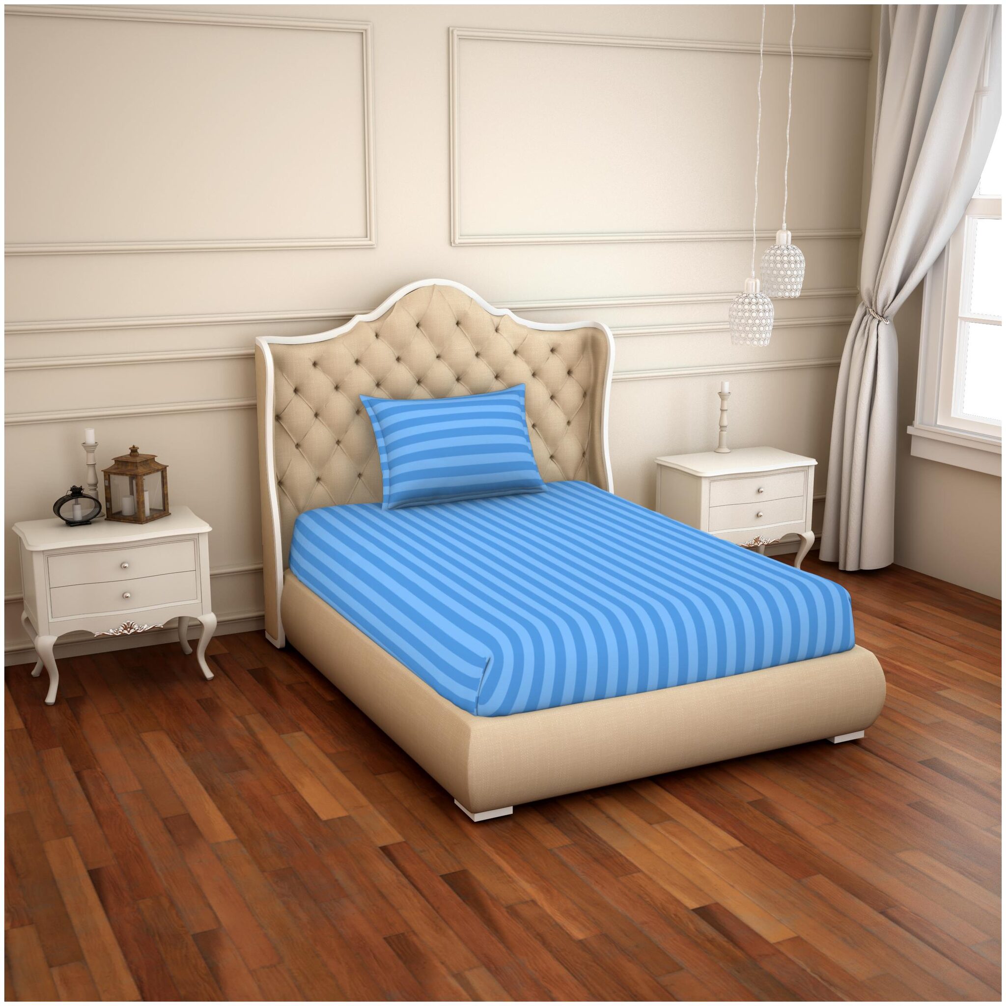 

Spaces Cotton Striped Single Size Bedsheet 210 TC ( 1 Bedsheet With 1 Pillow Covers Blue )