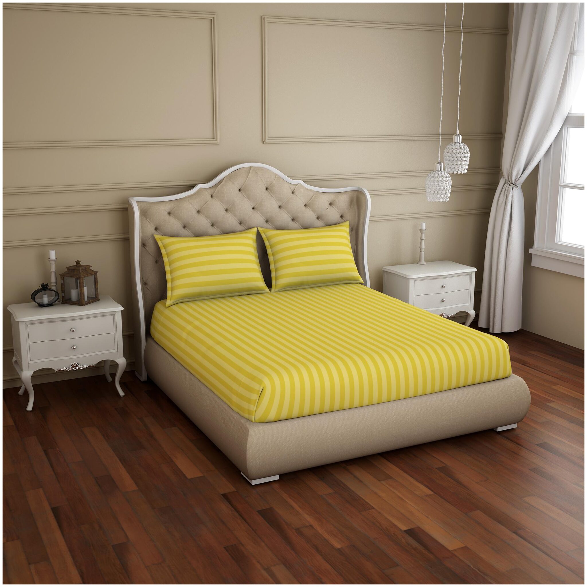 

Spaces Cotton Striped King Size Bedsheet 210 TC ( 1 Bedsheet With 2 Pillow Covers Yellow )
