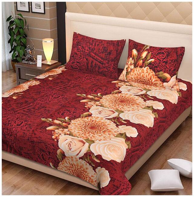 Spangle Microfiber Printed King Size Bedsheet 104 TC ( 1 Bedsheet With 2 Pillow Covers , Maroon )