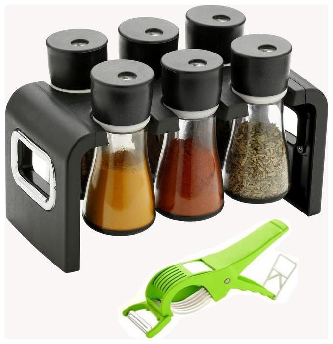 

Spice Container Spice Storage Masala Storage Masala Box Condiment Set Of 6 With Free Vege-Cutter (Black)