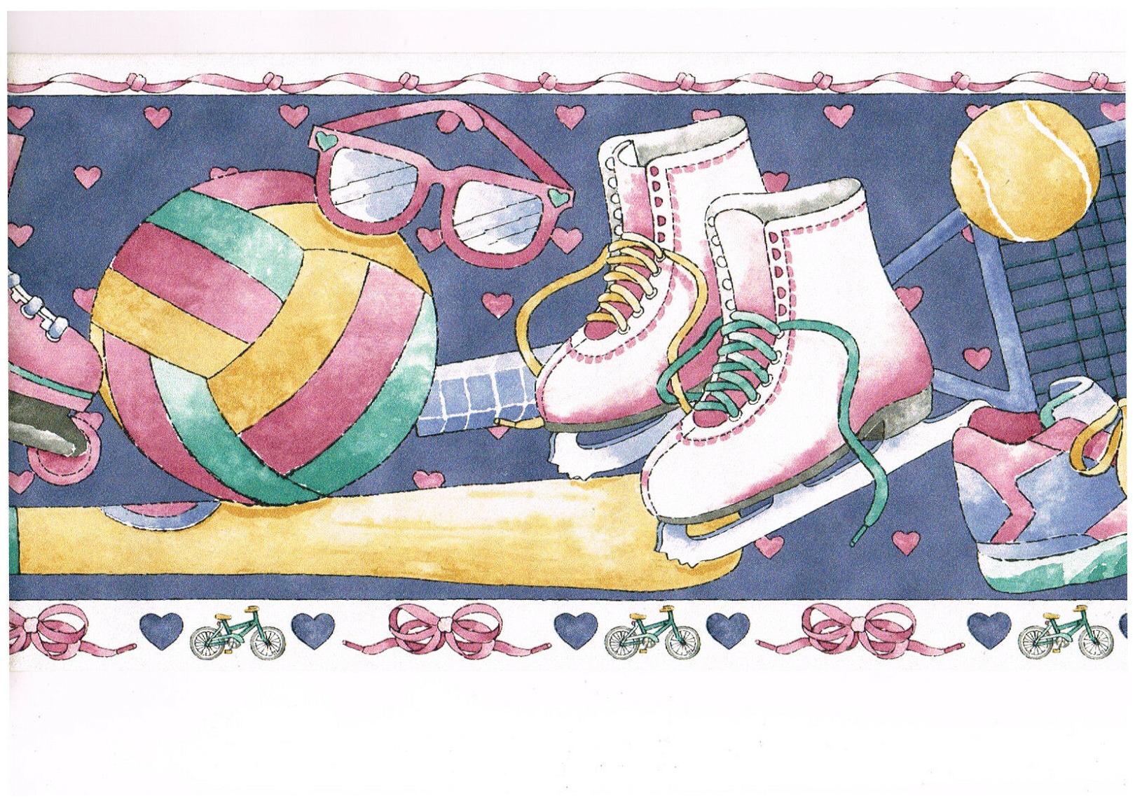 

Sports Roller Blading Ice Skating Tennis Girl Pink Bow Blue Wall Paper Border