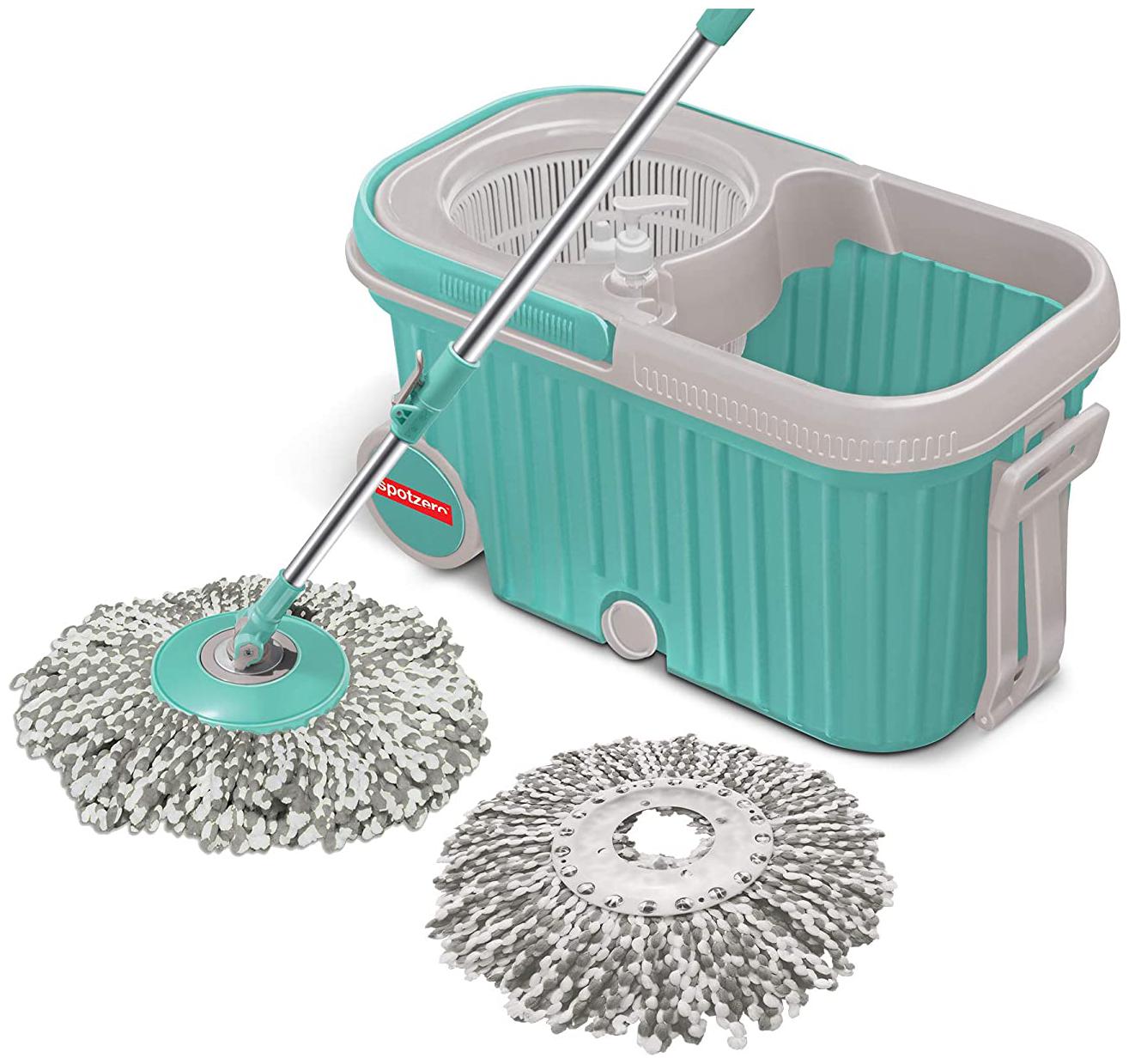 

Spotzero by Milton E-Elite Spin Mop with Bigger Wheels and Plastic Auto Fold Handle for 360 Degree Cleaning (Aqua Green Two Refills)