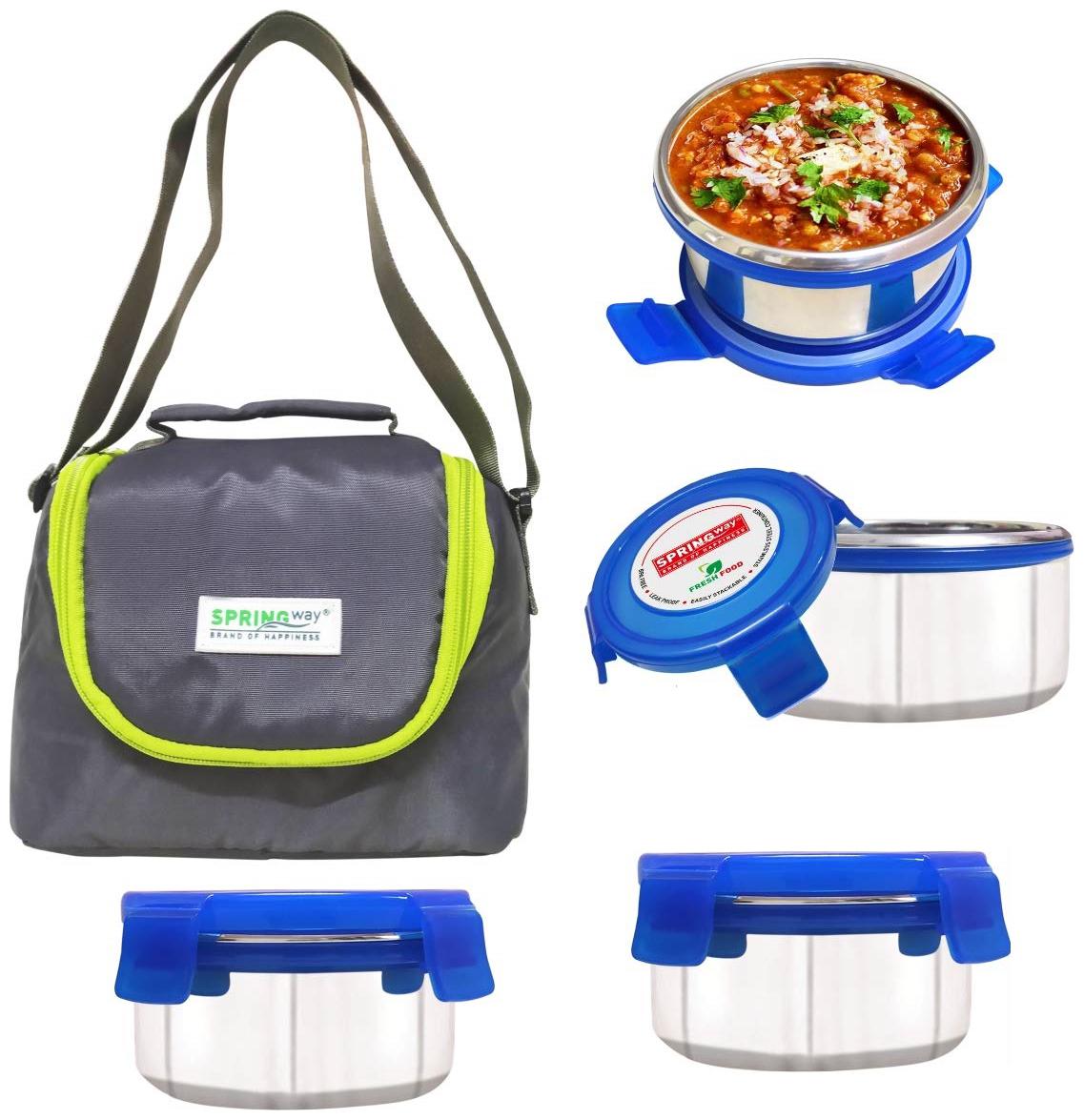 

SPRINGWAY Brand of happiness stainless steel lunch box set with premium quality bag 300ml 11cm diameter 4-pieces Grey 4 Containers Lunch bag Lunch box ( Set of 1 300 ml )