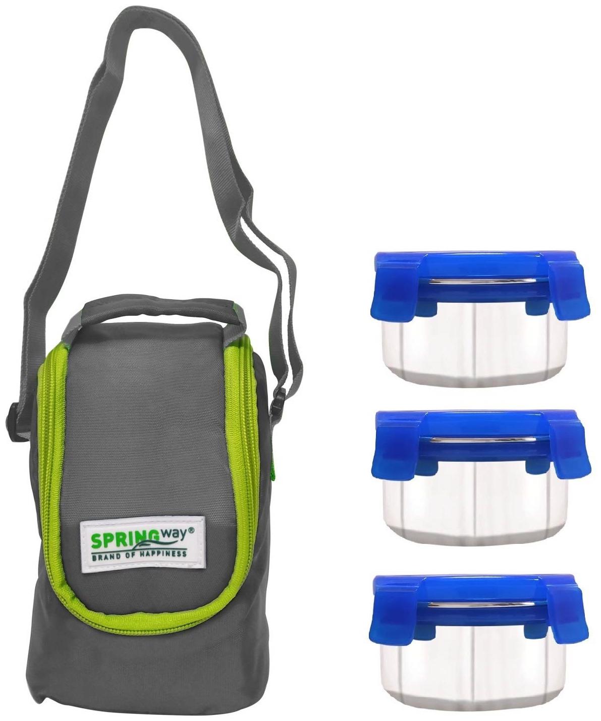 

SPRINGWAY Stainless steel lunch box set with premium quality bag 300ml 11cm diameter 3-pieces Grey 3 Containers Lunch bag Lunch box ( Set of 1 300 ml )