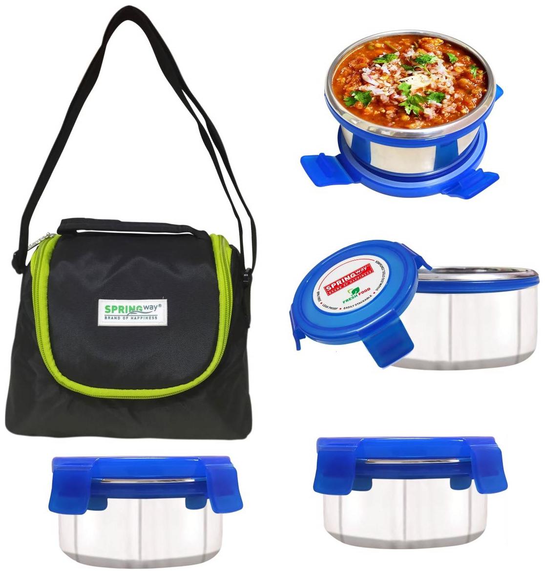 

SPRINGWAY Stainless steel lunch box set with premium quality bag 300ml 11cm diameter 4-pieces Black 4 Containers Lunch bag Lunch box ( Set of 1 300 ml )