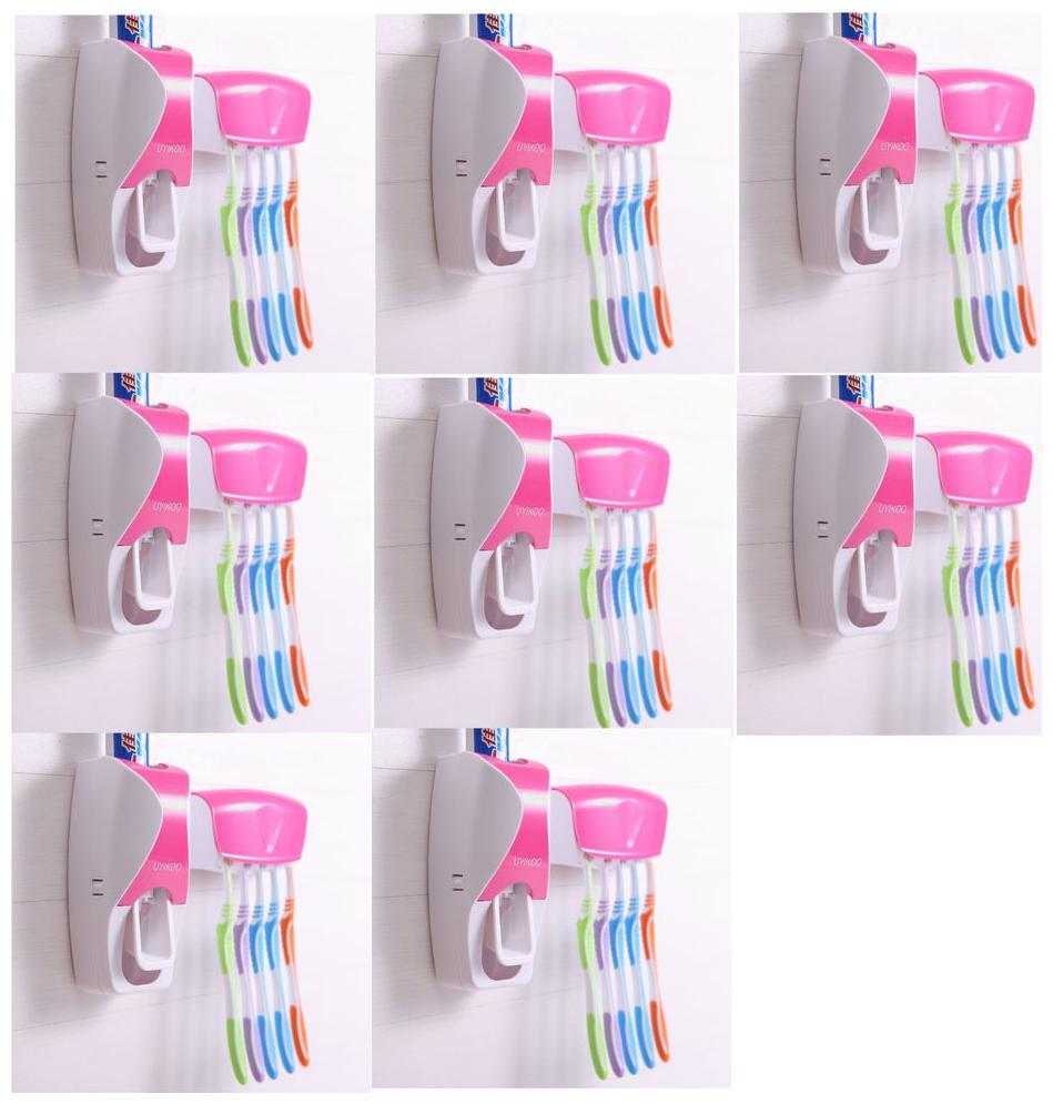 

LOGGER - Automatic Toothpaste Dispenser with 5 Toothbrush Holder Set Wall Mount Stand Set of 8 pcs (Color Pink)