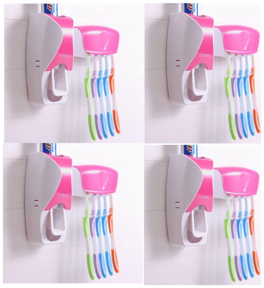 

LOGGER - Automatic Toothpaste Dispenser with 5 Toothbrush Holder Set Wall Mount Stand Set of 4 pcs (Color Pink)