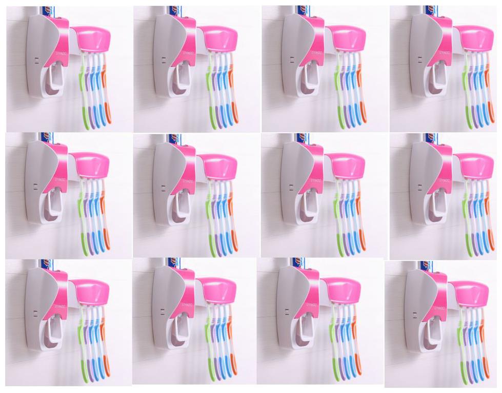 

LOGGER - Automatic Toothpaste Dispenser with 5 Toothbrush Holder Set Wall Mount Stand Set of 12 pcs (Color Pink)