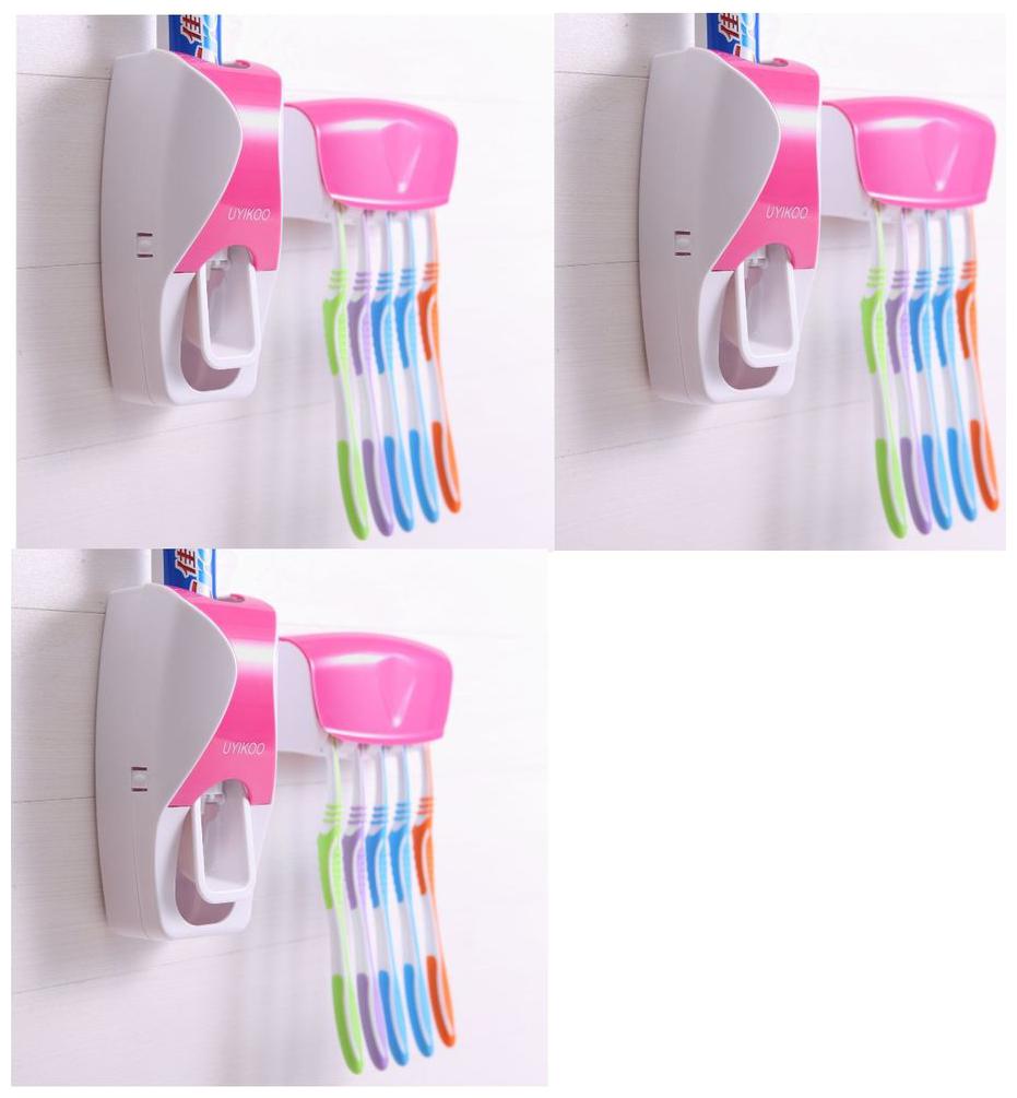 

LOGGER - Automatic Toothpaste Dispenser with 5 Toothbrush Holder Set Wall Mount Stand Set of 3 pcs (Color Pink)