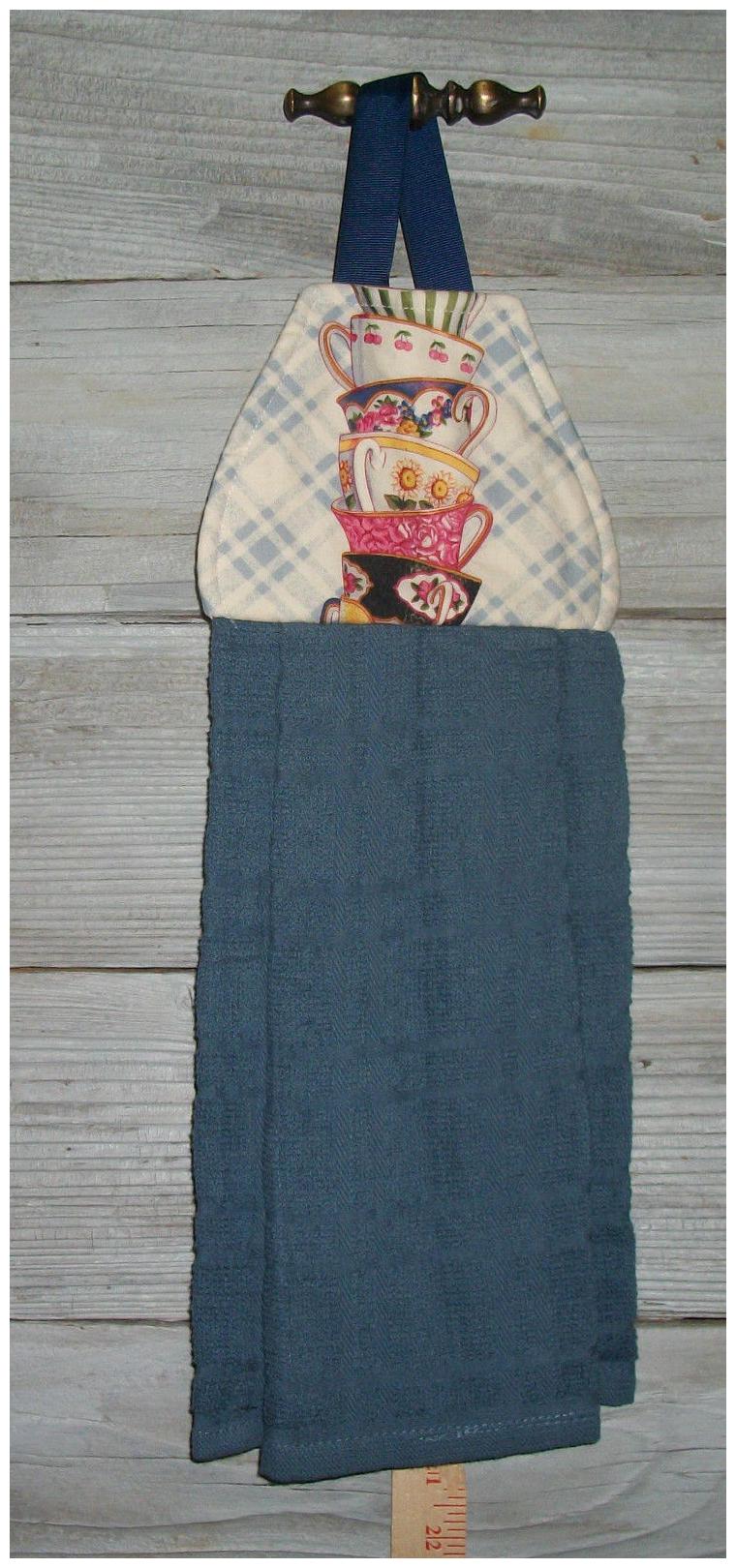 

Stacked Tea Cups Delft Flowers Stripes Cherries Hanging Kitchen Hand Dishtowel