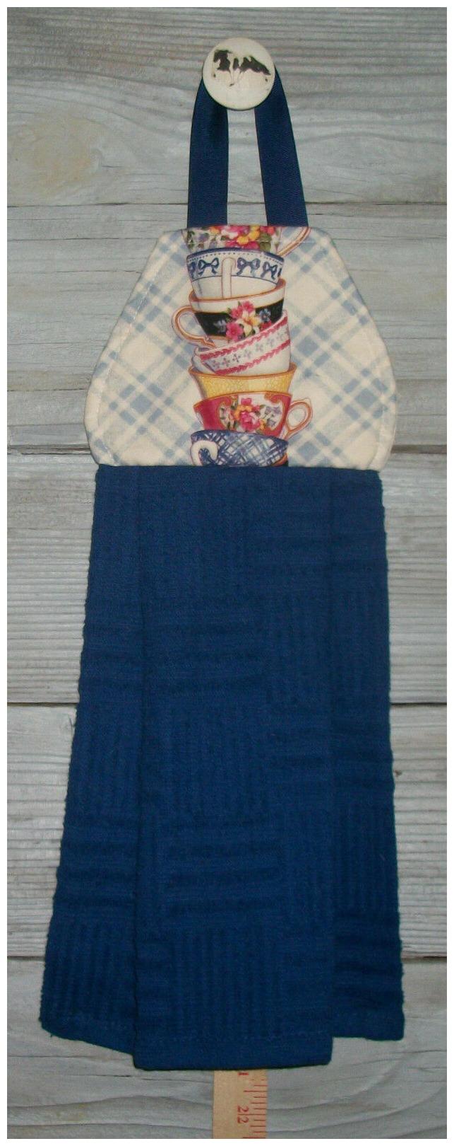 

Stacked Tea Cups Delft Flowers Stripes Cherries Hanging Kitchen Hand Dishtowel