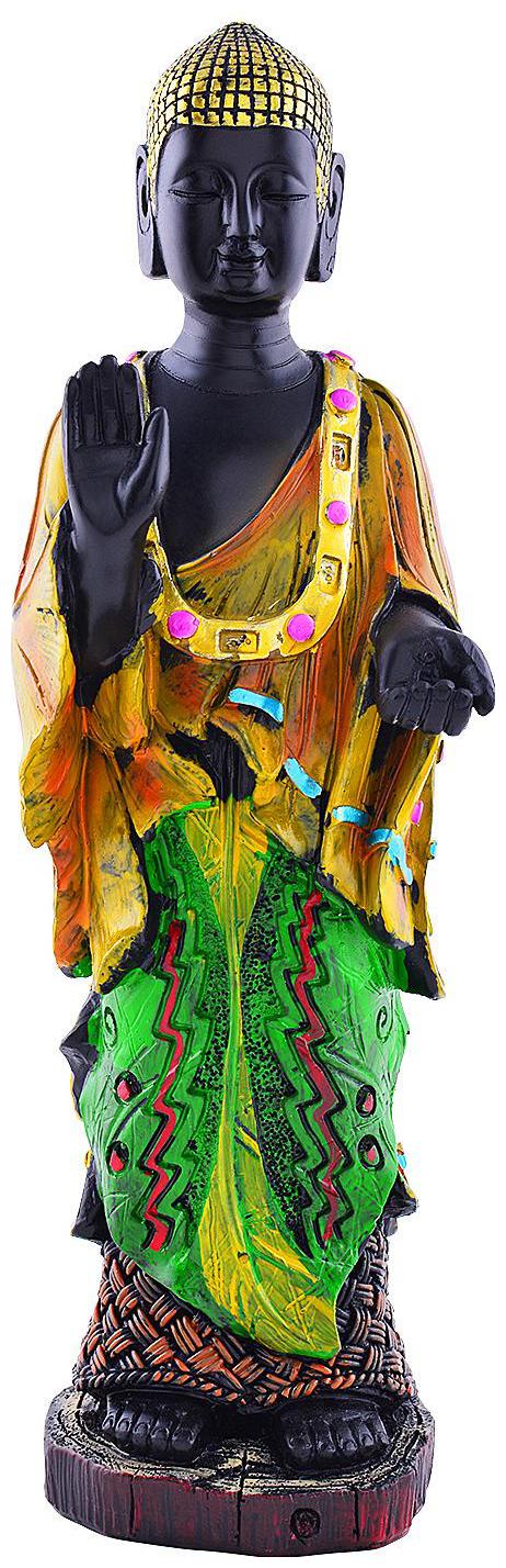 

Standing Buddha Statue In Karana Mudra Aesthetic Decors With Decorative Garland Multicolor Polyresin Material (29 5x9cm ) 1Pc