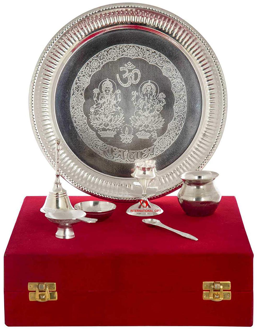 

Starvis Silver Plated Pooja Thali Set Occasion Of Diwali Raksha Bandhan Other Festive Season Pooja Thali Decorative Wedding Gift with Velvet Box