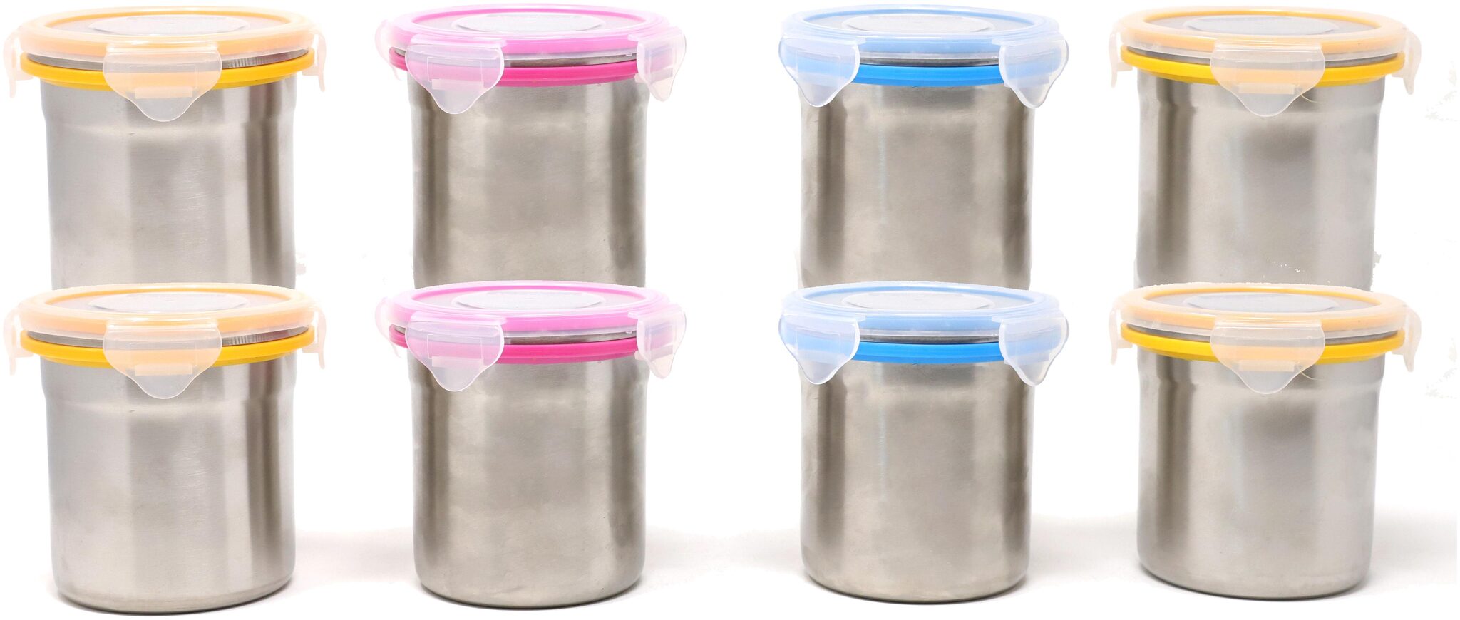 

Steel Lock Stainless Steel Airtight Cylindrical Storage Container 8 pcs Set 450 ml each