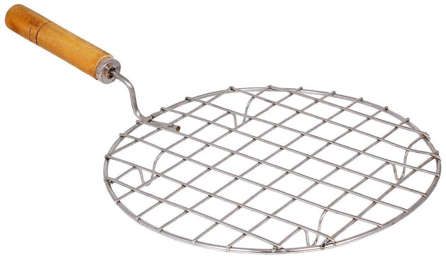 

Steel Round Samll Papad Roaster Chapati Roti Jali Barbeque (BBQ) Grill With Wooden Handle
