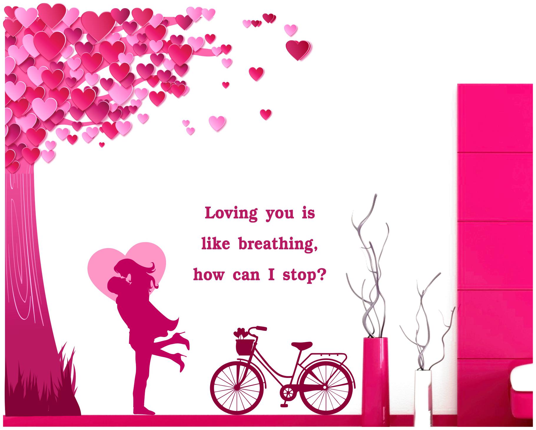 

StickMe Romantic Couple Under the Heart Leaves Tree And Love Quote With Bicycle - Decorative - Wall Sticker -SM759 (PVC Vinyl-110cm X 100 cm)