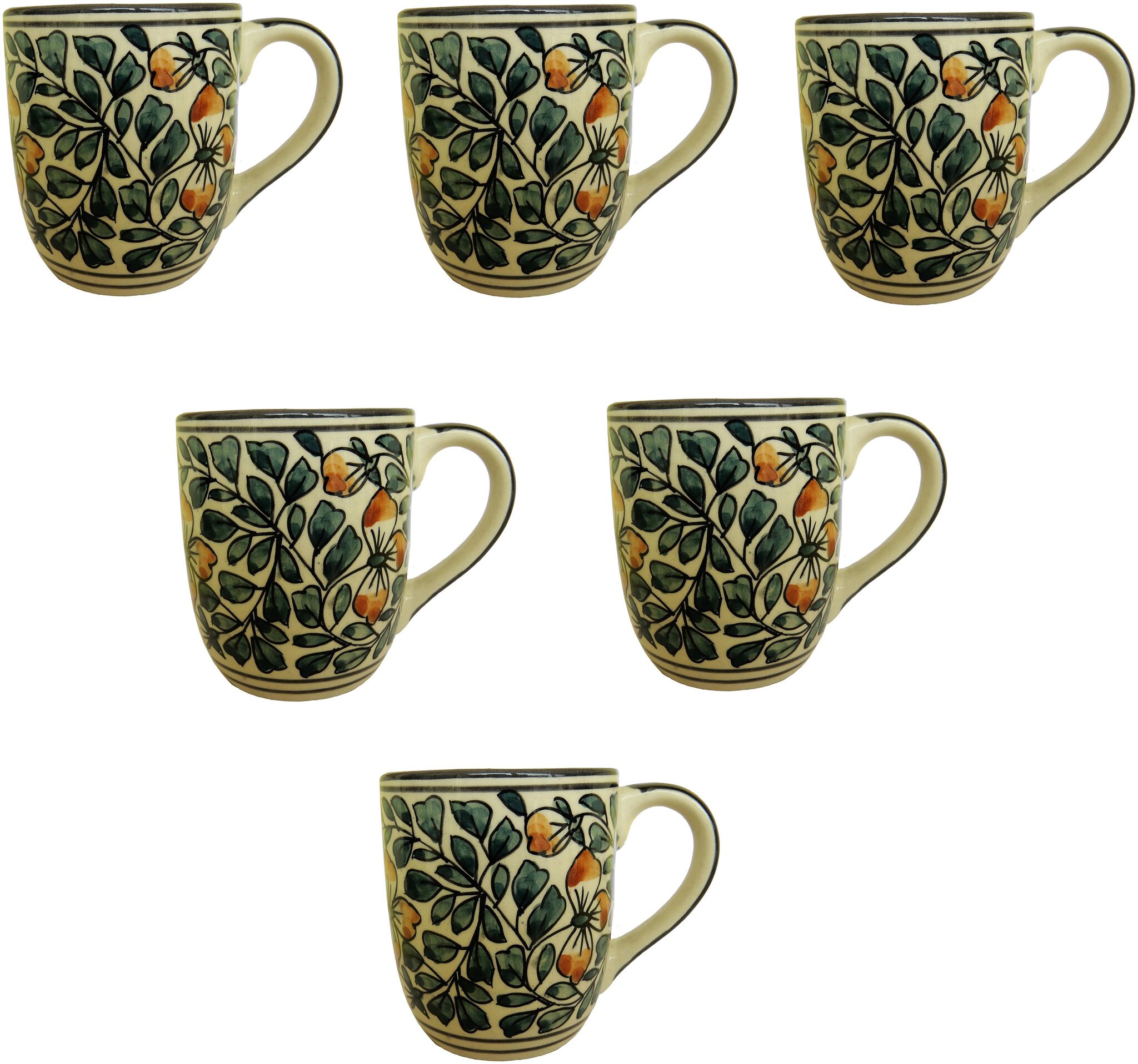 

Tashveen Articles Ceramic Coffee Mug Set of 6 (White and Green Hand Painted 200 ML) Tea Cups Milk Mugs