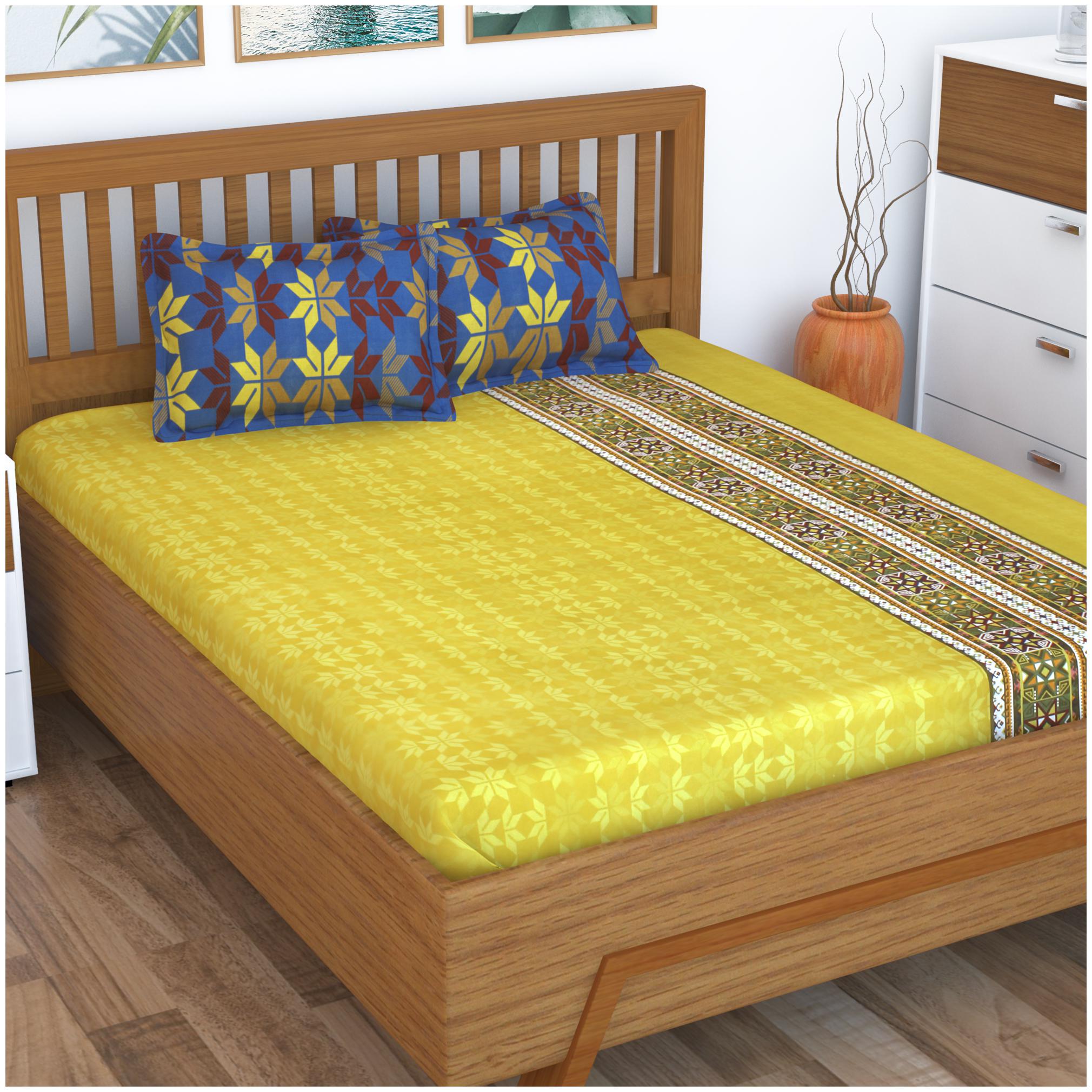 

Story Home Cotton Abstract Double Size Bedsheet 186 TC ( 1 Bedsheet With 2 Pillow Covers Yellow )