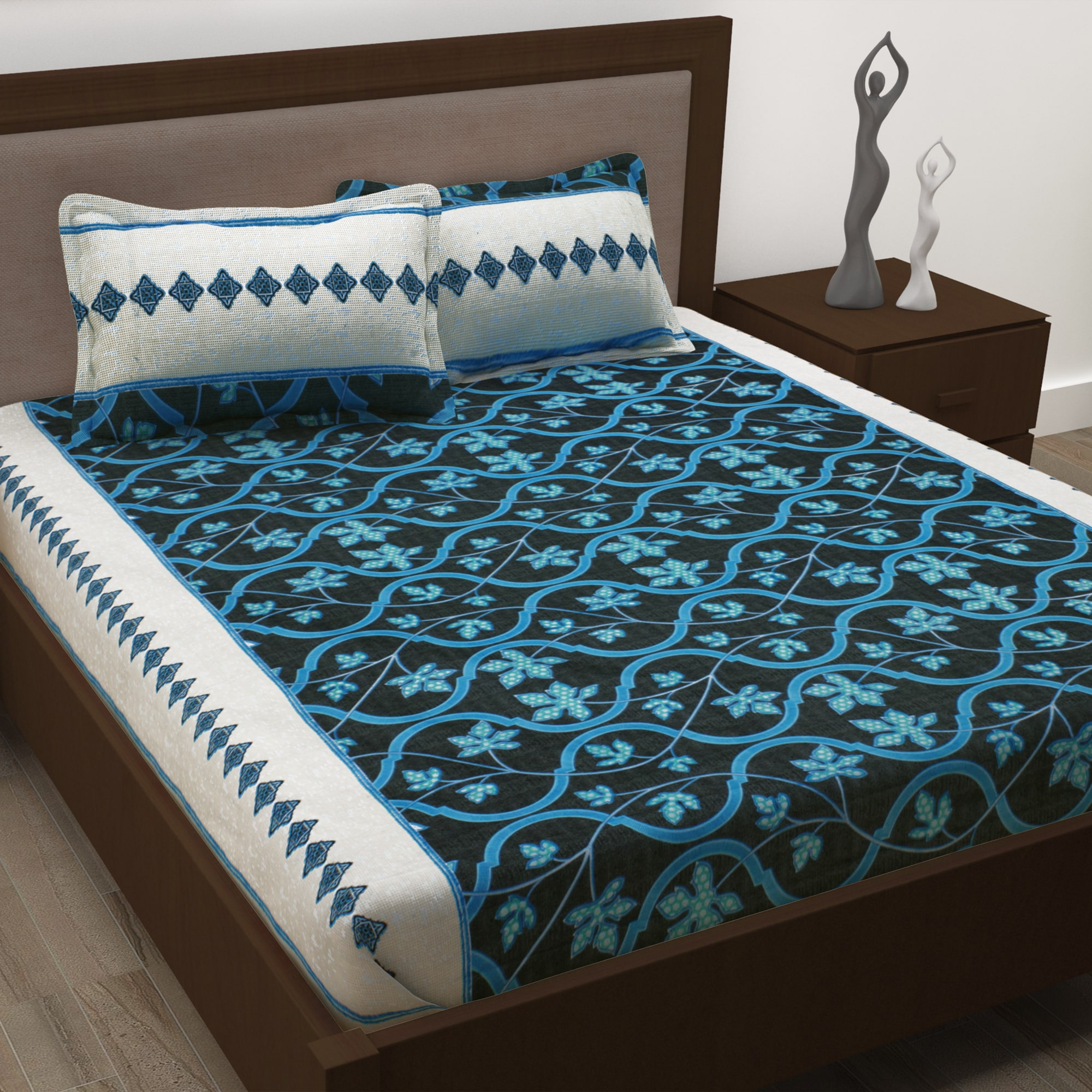 

Story Home Cotton Floral Double Size Bedsheet 186 TC ( 1 Bedsheet With 2 Pillow Covers Blue )