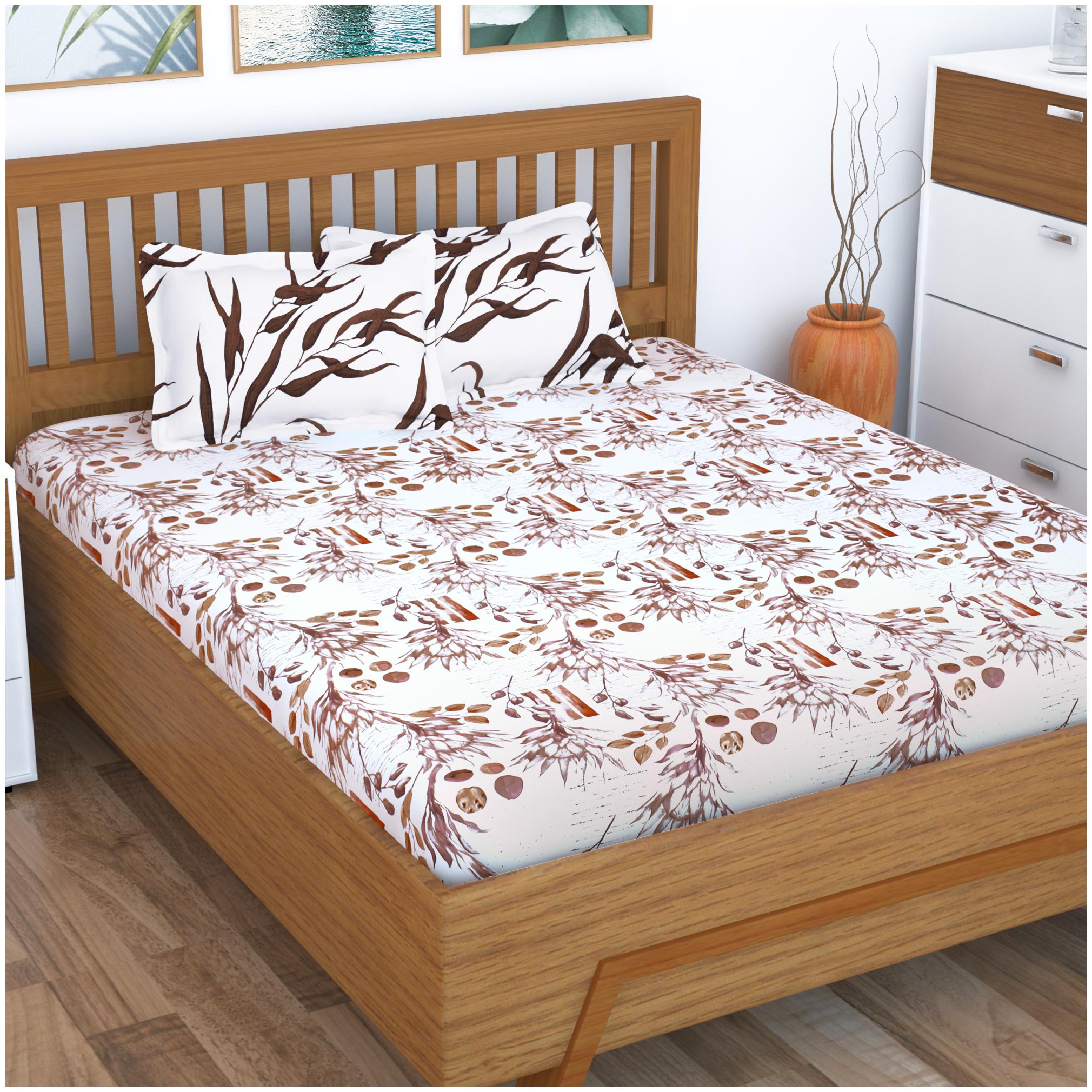 

Story Home Cotton Floral King Size Bedsheet 186 TC ( 1 Bedsheet With 2 Pillow Covers Brown White )