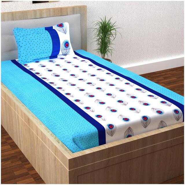 Story@Home Cotton Printed Single Size Bedsheet 120 TC ( 1 Bedsheet With 1 Pillow Covers , Blue )