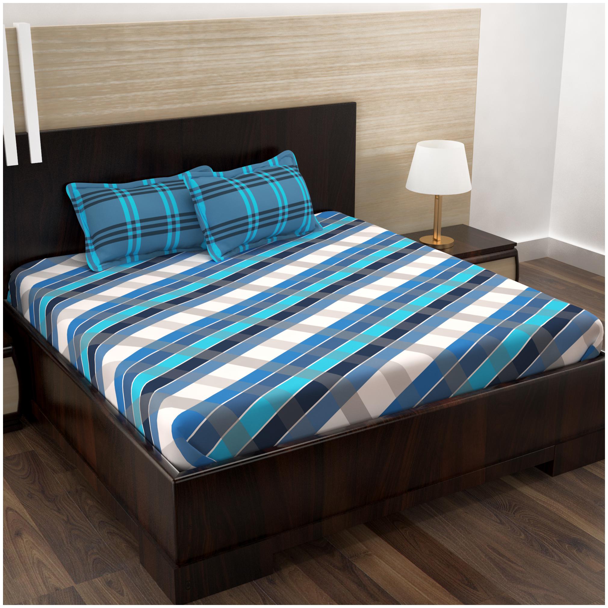 

Story Home Cotton Striped Double Size Bedsheet 152 TC ( 1 Bedsheet With 2 Pillow Covers Blue )