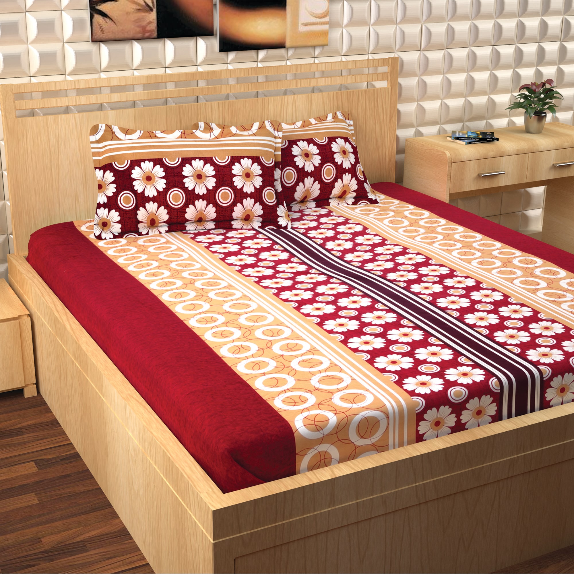 

Story Home Cotton Floral Double Size Bedsheet 300 TC ( 1 Bedsheet With 2 Pillow Covers Maroon )