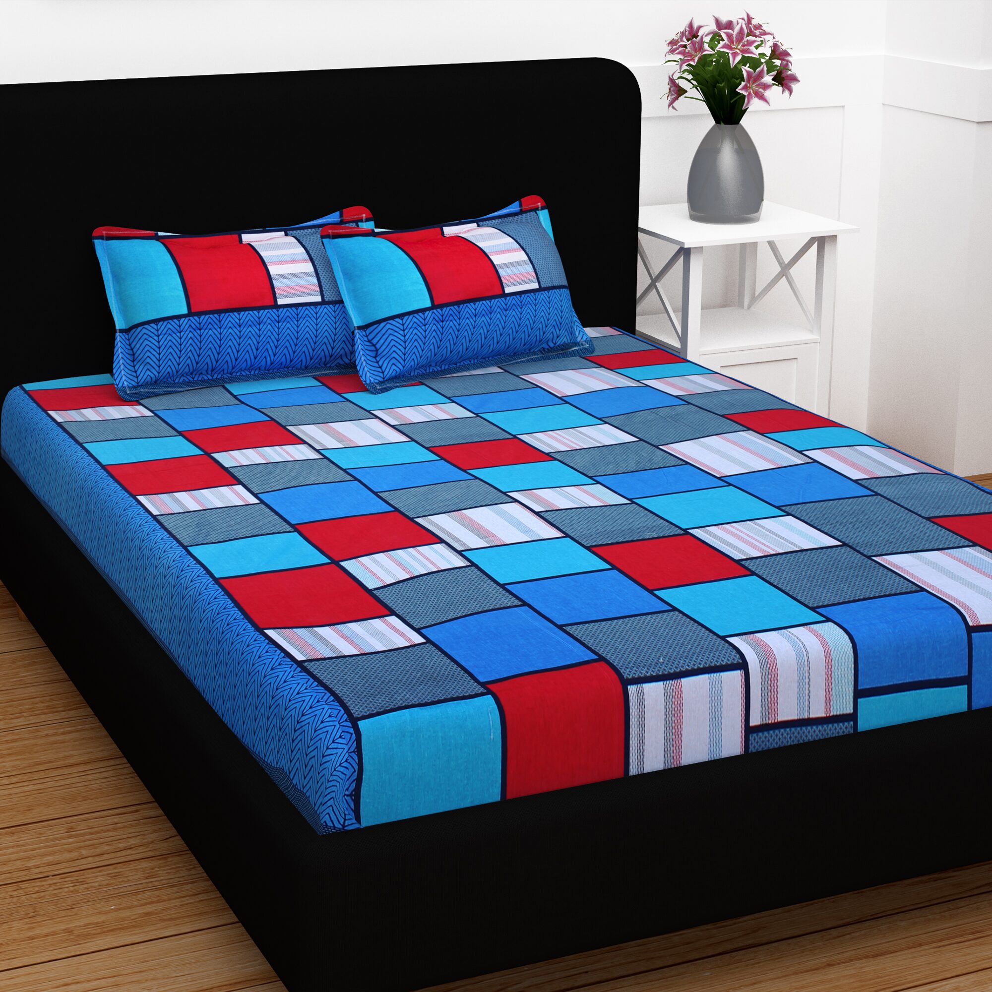 

Story Home Cotton Abstract Double Size Bedsheet 120 TC ( 1 Bedsheet With 2 Pillow Covers Blue )