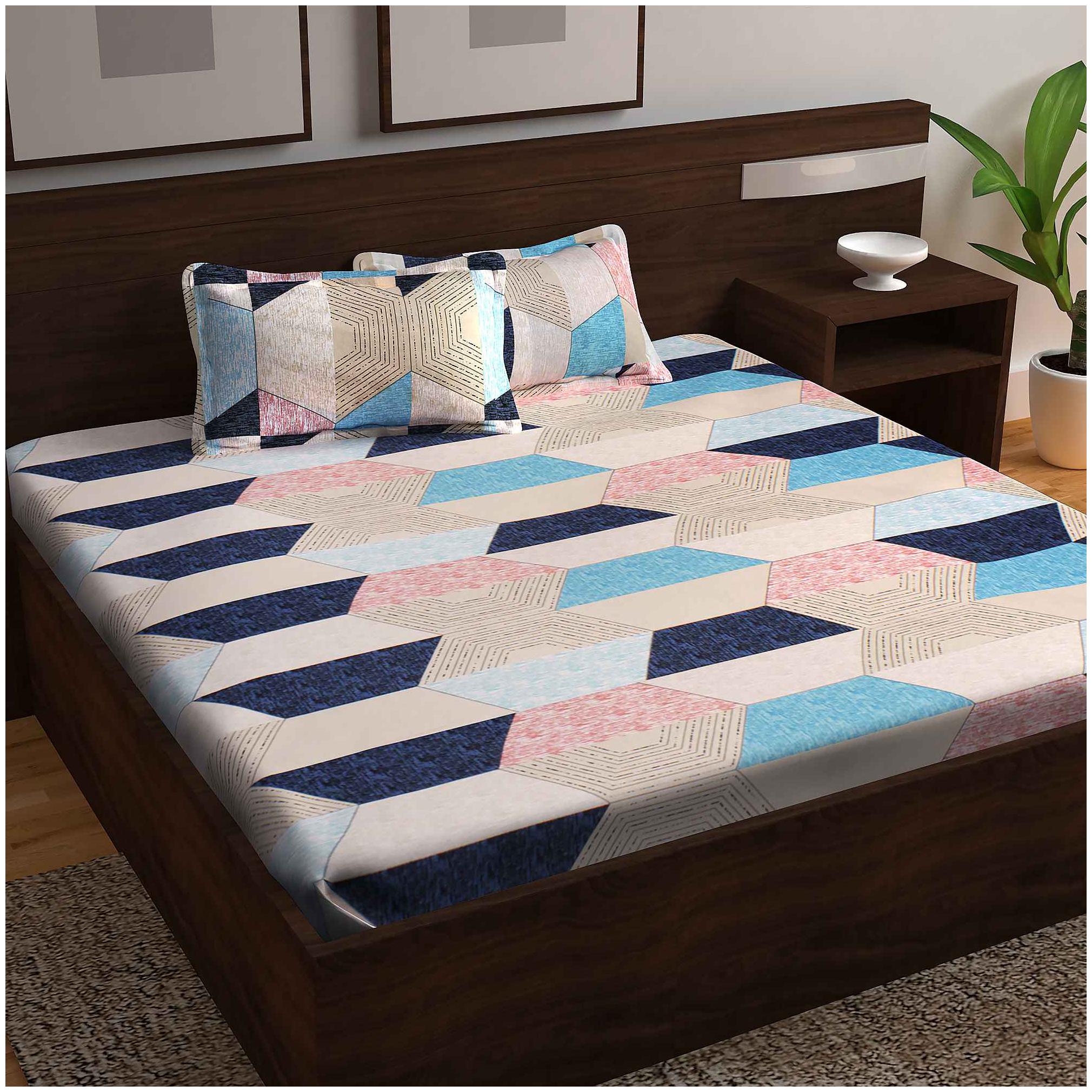 

Story Home Cotton Abstract Double Size Bedsheet 152 TC ( 1 Bedsheet With 2 Pillow Covers Blue )