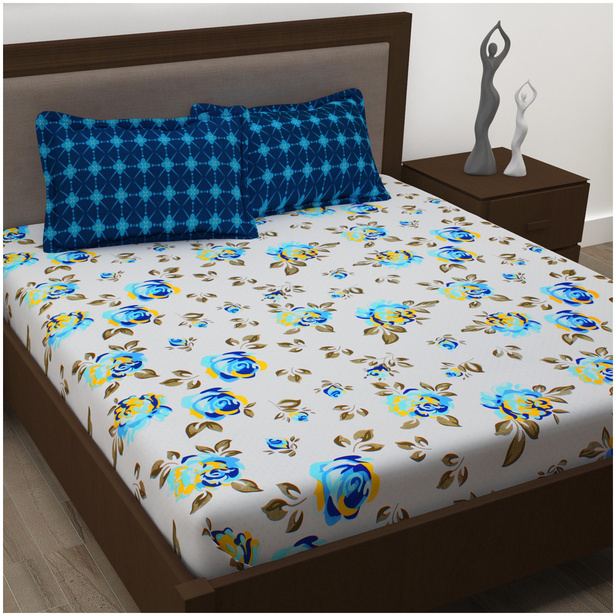 

Story Home Cotton Floral Double Size Bedsheet 186 TC ( 1 Bedsheet With 2 Pillow Covers Blue )