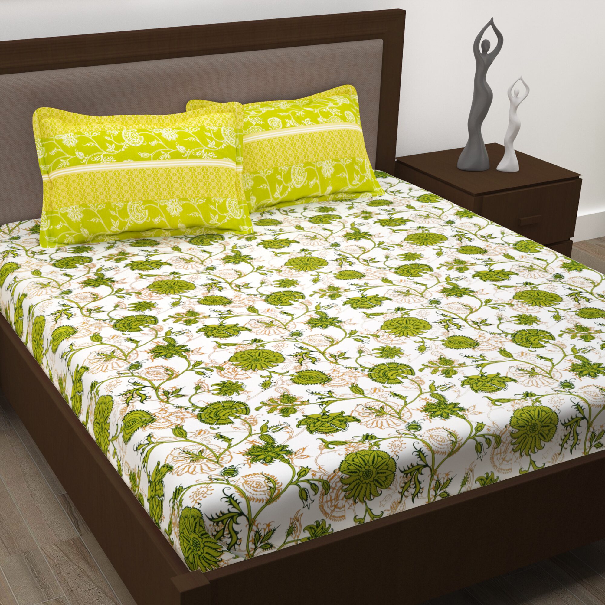 

Story Home Cotton Floral Double Size Bedsheet 186 TC ( 1 Bedsheet With 2 Pillow Covers Green )