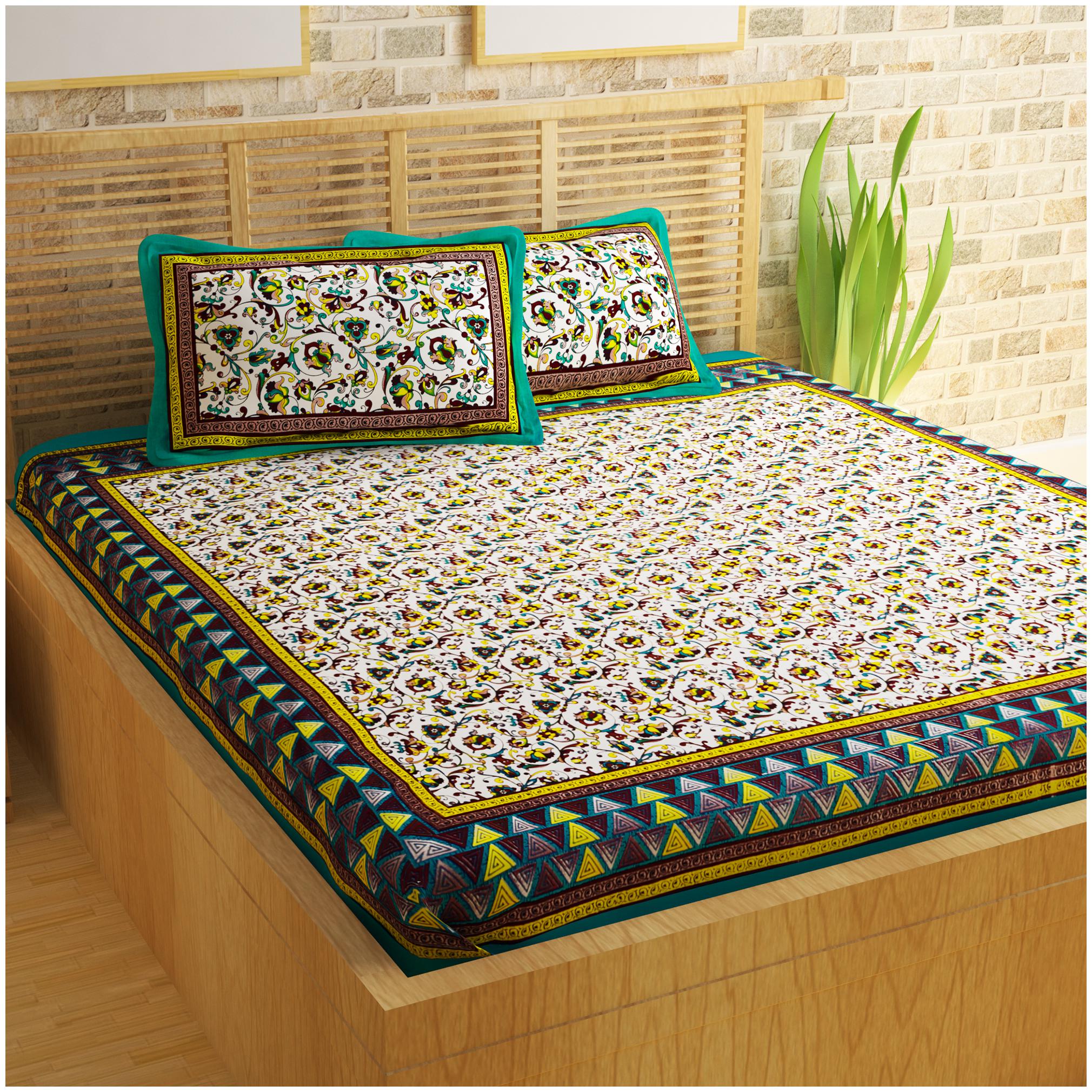 

Story Home Cotton Floral Double Size Bedsheet 120 TC ( 1 Bedsheet With 2 Pillow Covers Green )